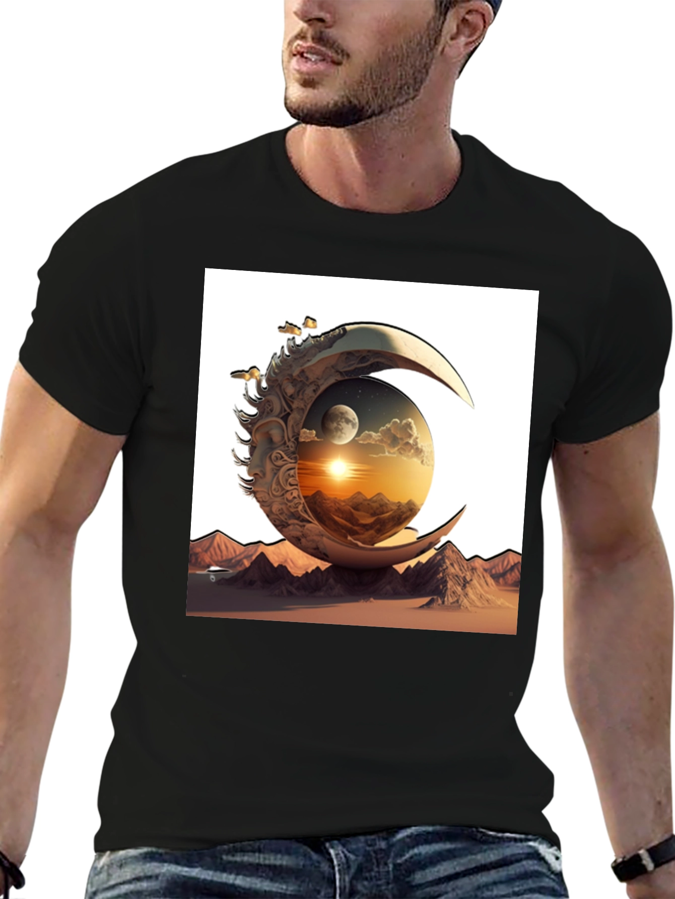 Celestial Moon & Mountain Graphic Tee - Black