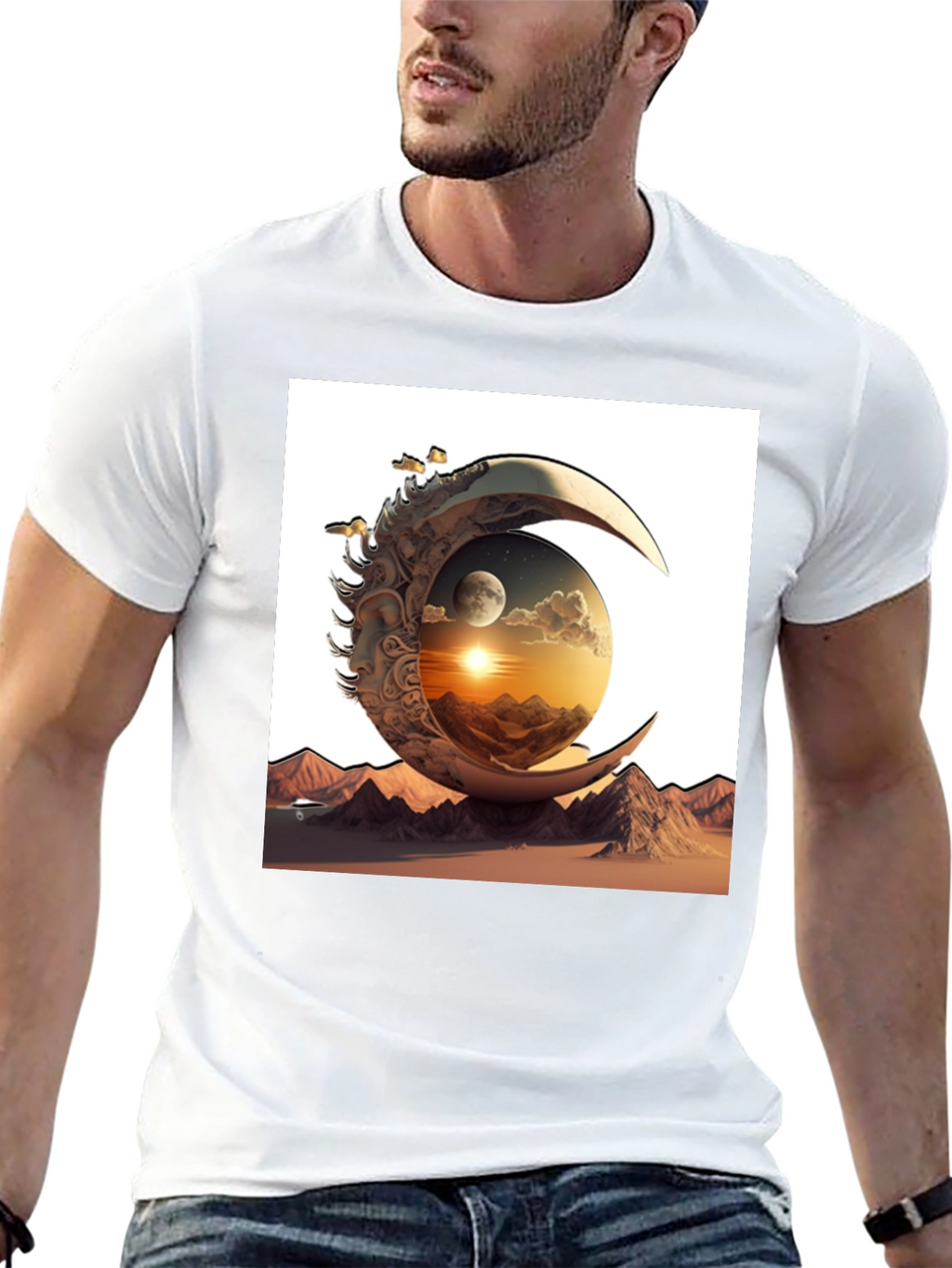Celestial Moon & Mountain Graphic Tee - Black