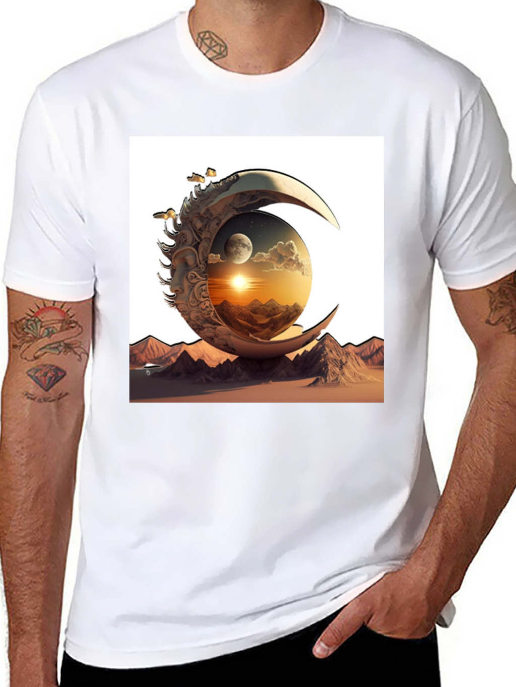 Celestial Moon & Mountain Graphic Tee - Black