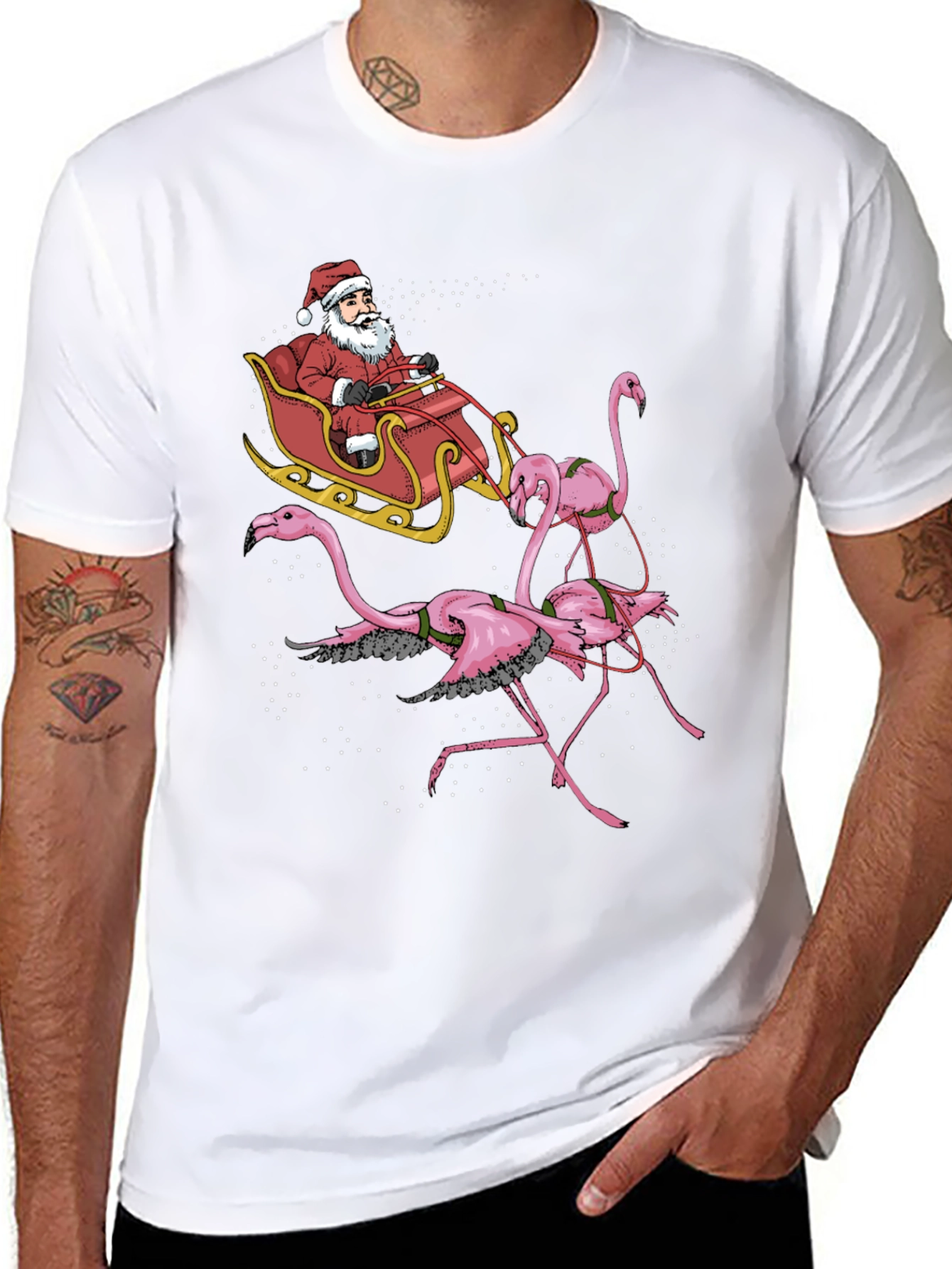 Flamingo Santa Sleigh T-Shirt