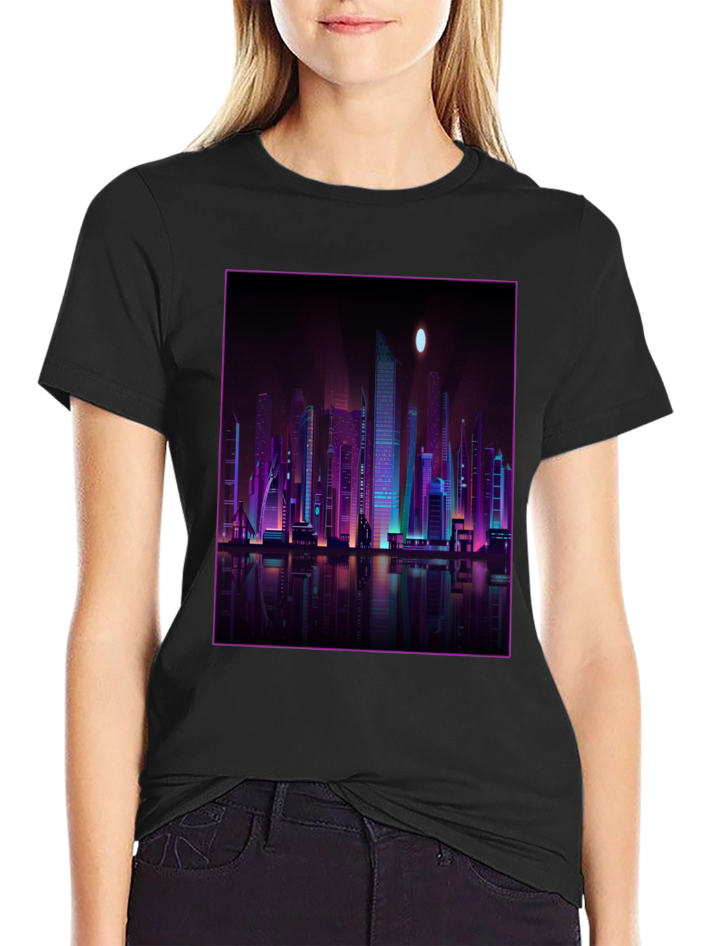 Cyberpunk Cityscape Graphic Tee - Black