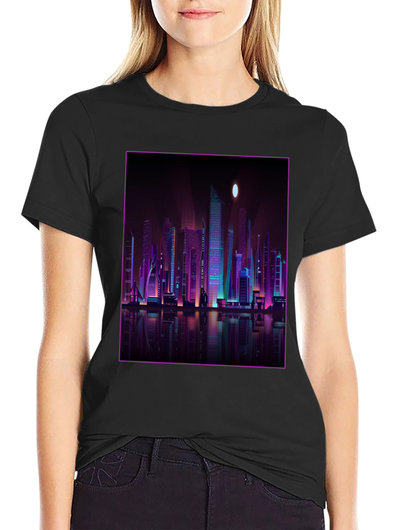 Cyberpunk Cityscape Graphic Tee - Black