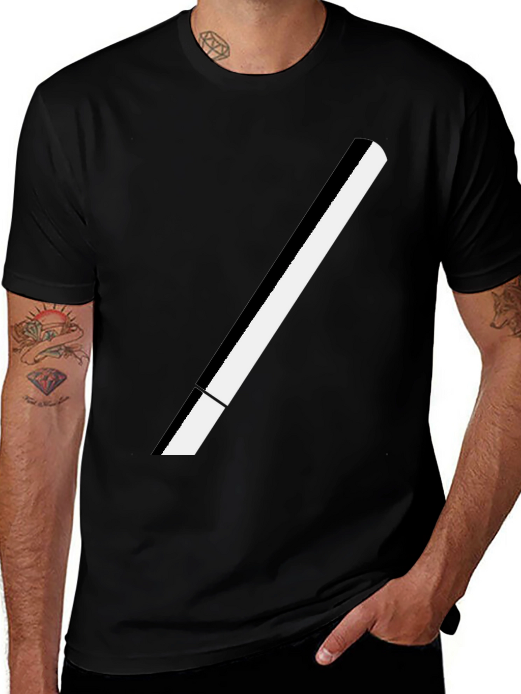 Modern Black T-Shirt with Bold White Stripe Design