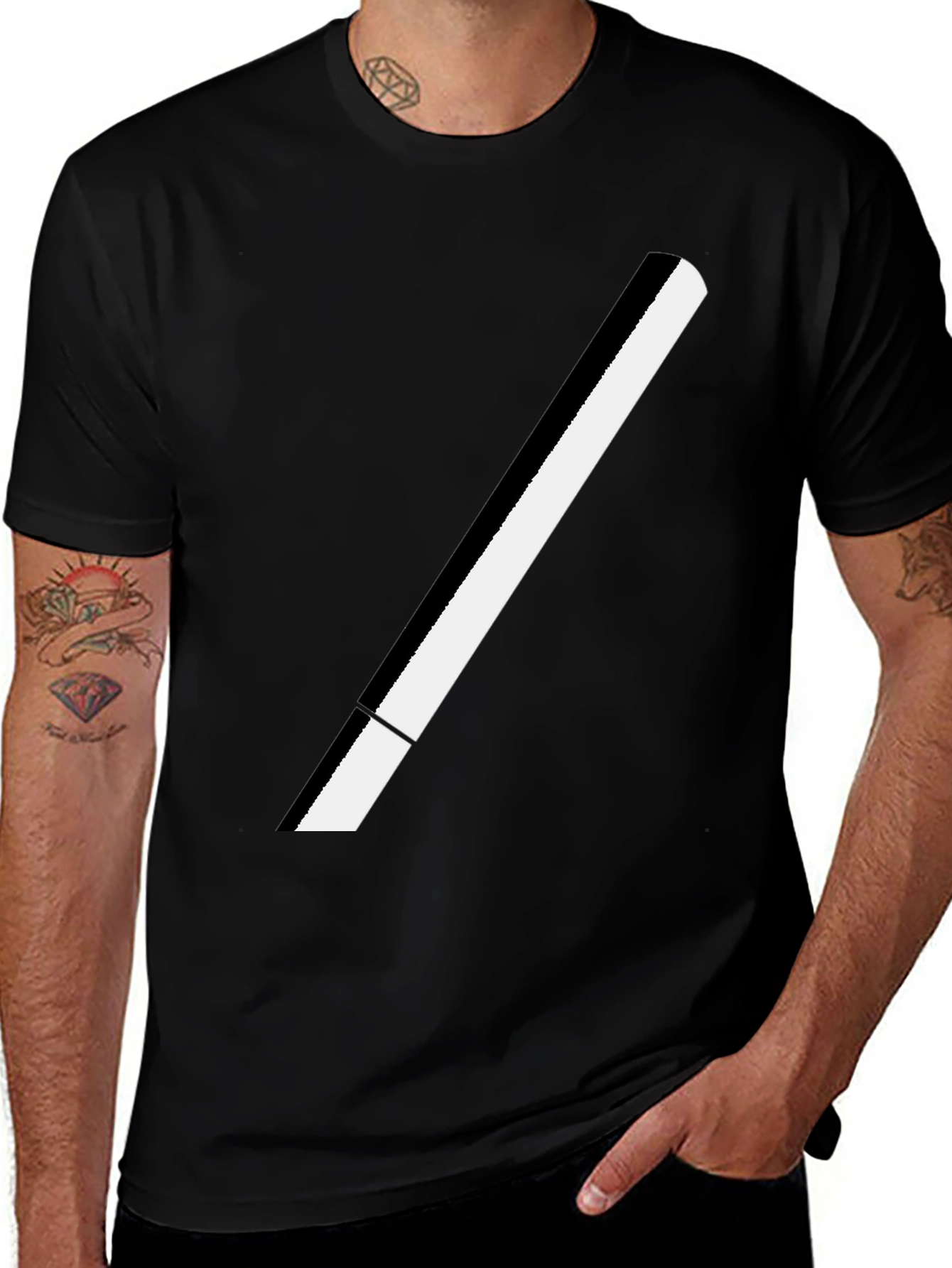 Modern Black T-Shirt with Bold White Stripe Design