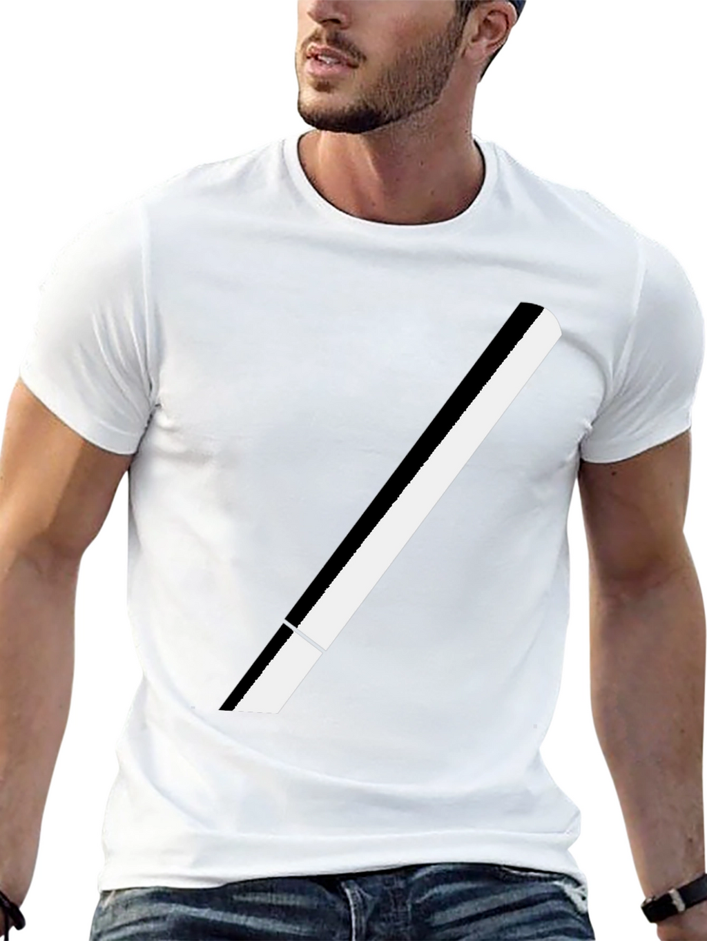 Modern Black T-Shirt with Bold White Stripe Design