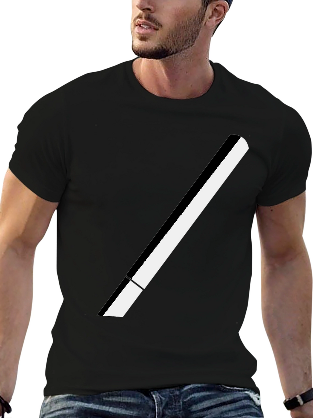 Modern Black T-Shirt with Bold White Stripe Design