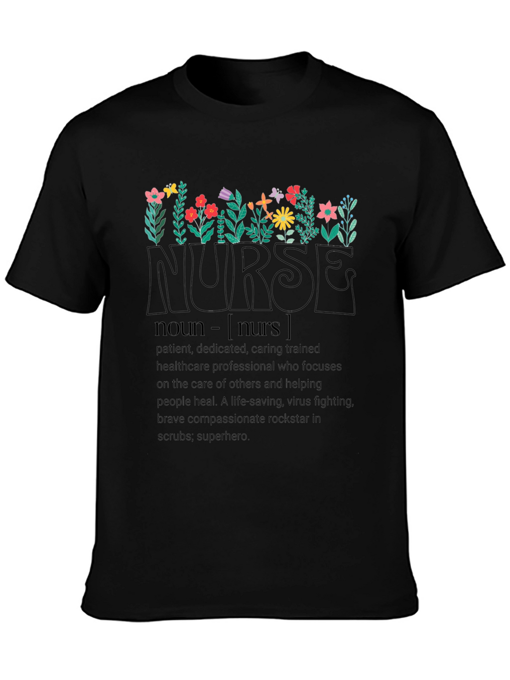 Floral Nurse Definition Black T-Shirt