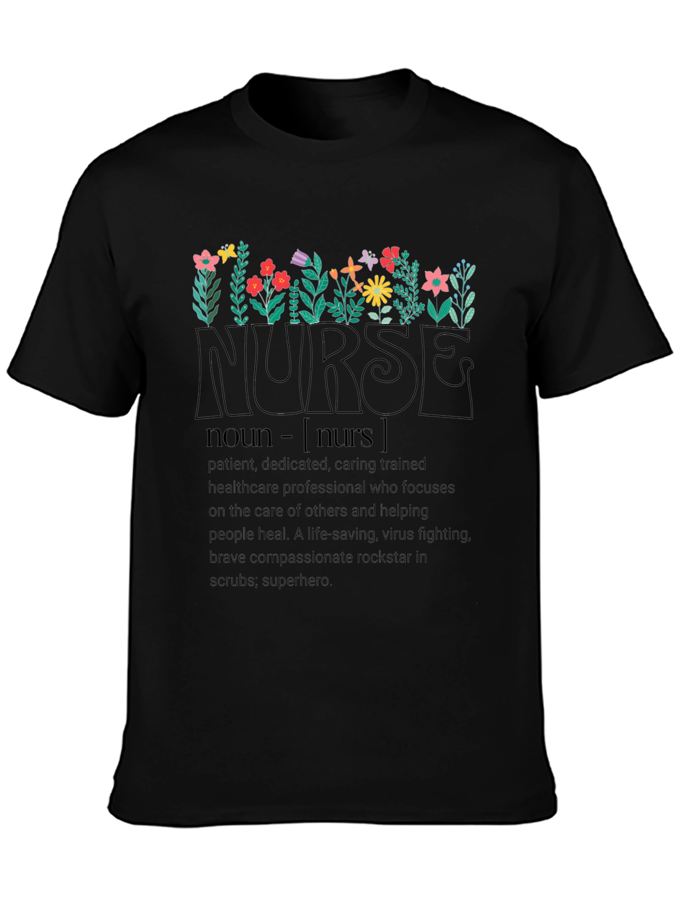 Floral Nurse Definition Black T-Shirt