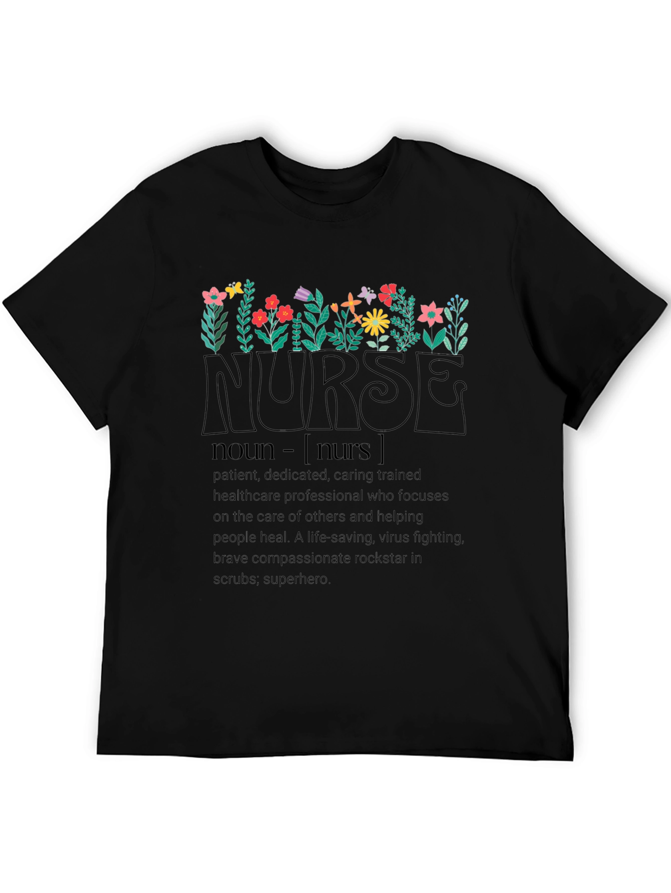 Floral Nurse Definition Black T-Shirt