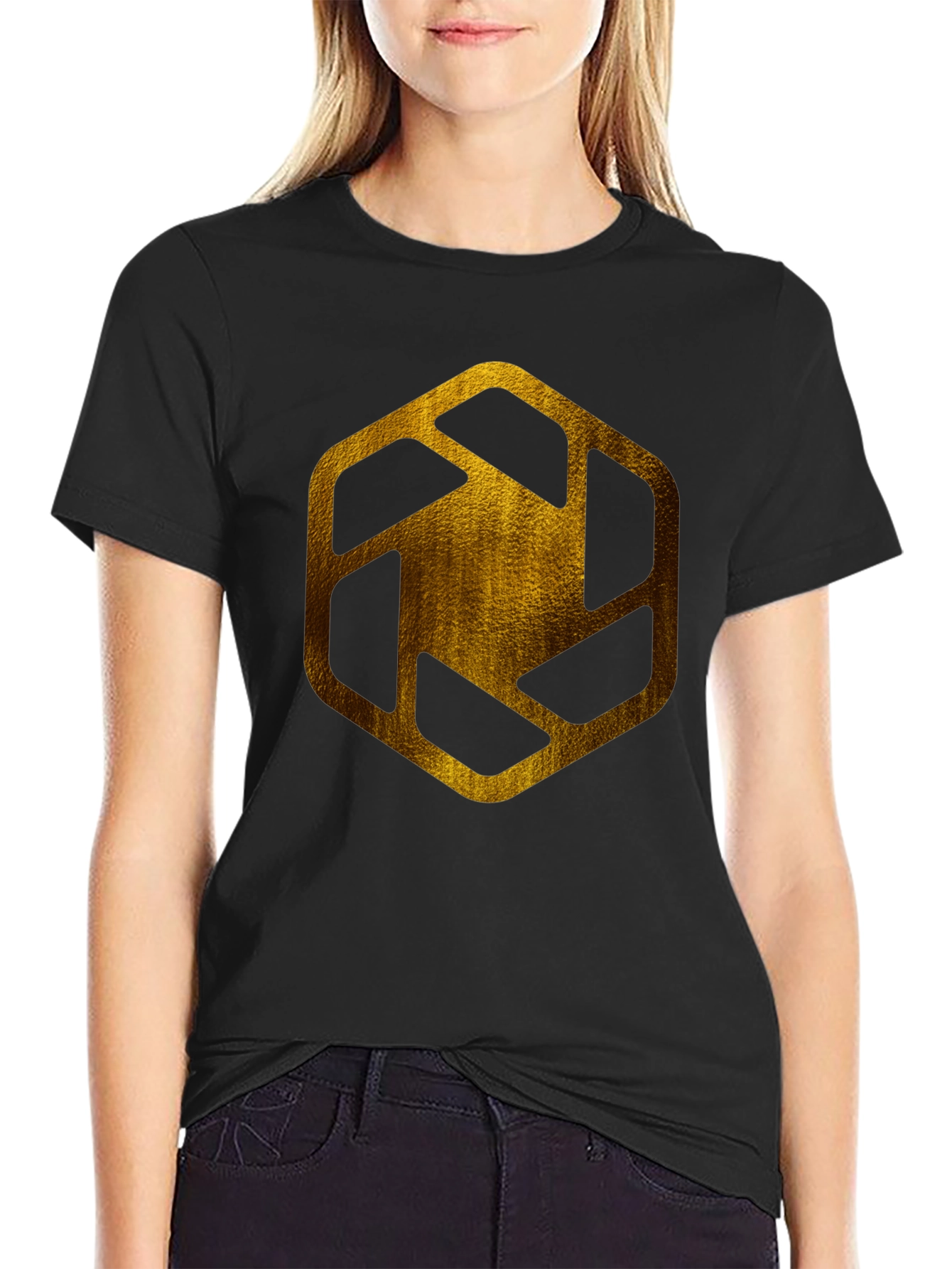 Golden Hexagon Graphic Tee - Modern Streetwear Style