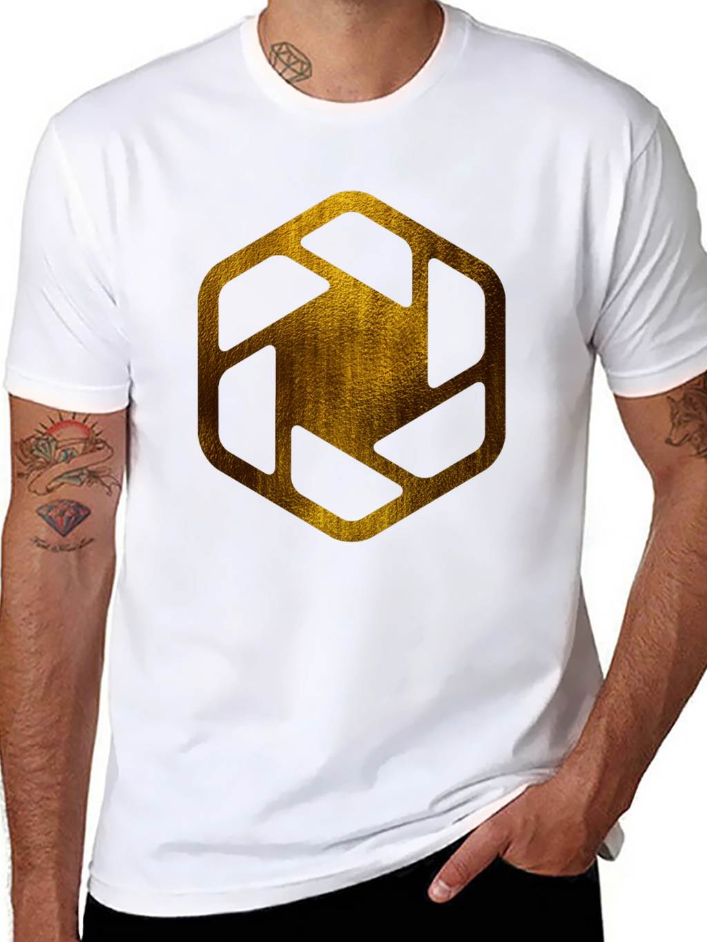 Golden Hexagon Graphic Tee - Modern Streetwear Style