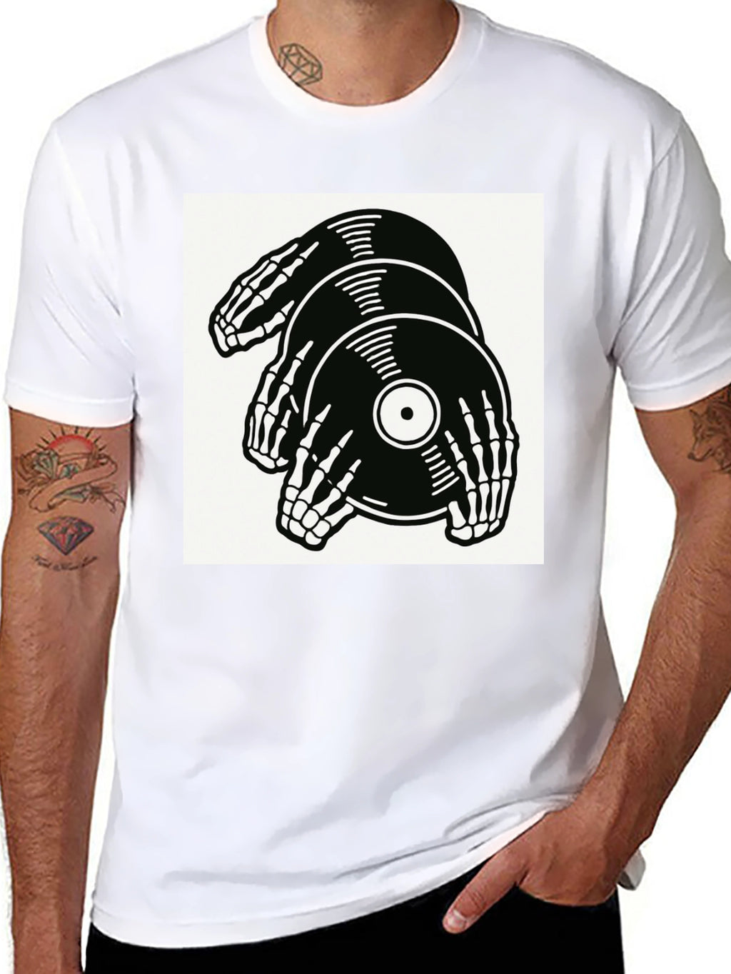 Skeleton Hands Vinyl Record Graphic T-Shirt