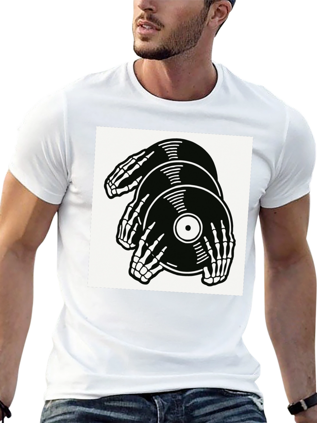 Skeleton Hands Vinyl Record Graphic T-Shirt