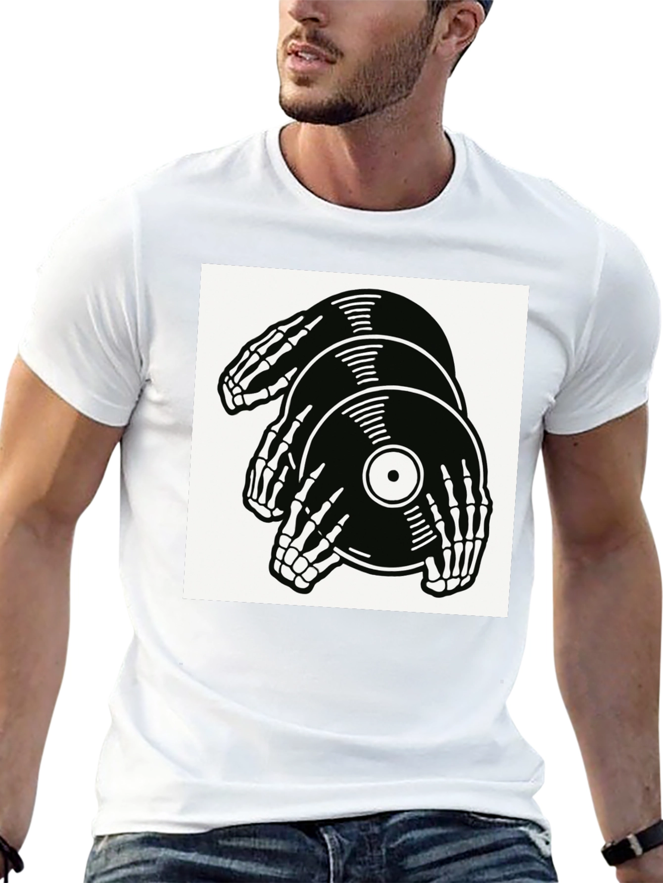 Skeleton Hands Vinyl Record Graphic T-Shirt