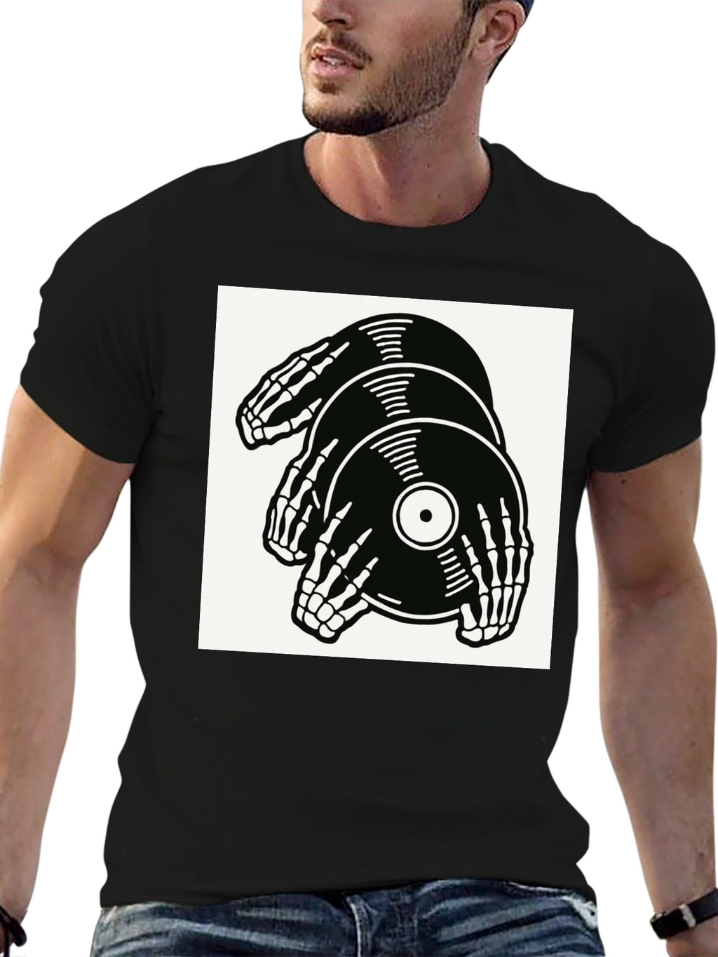 Skeleton Hands Vinyl Record Graphic T-Shirt