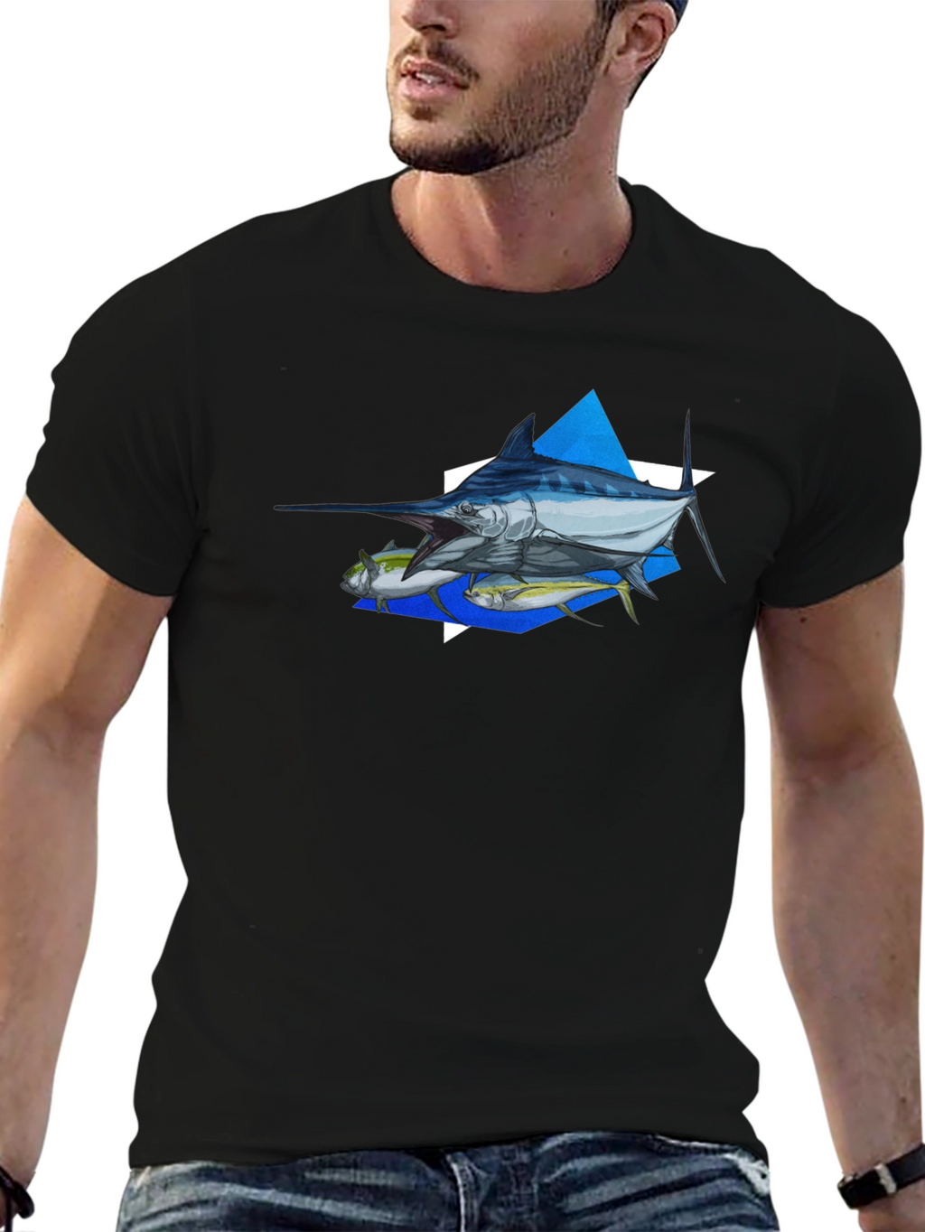Marlin Fishing Graphic Tee - Black Cotton T-Shirt