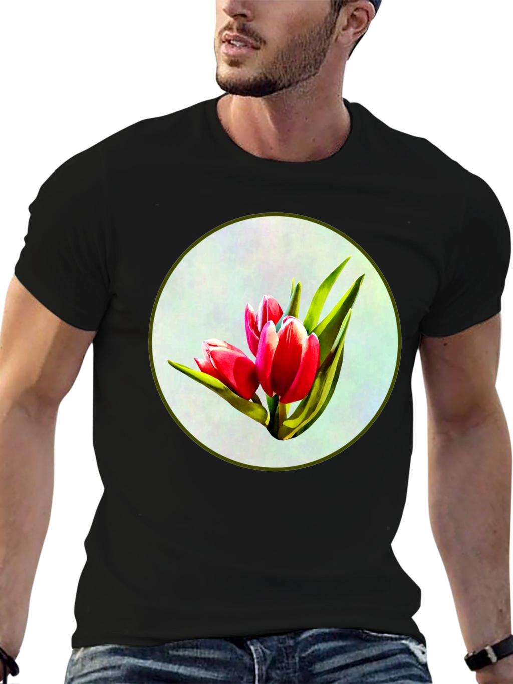 Tulip Print Black T-Shirt