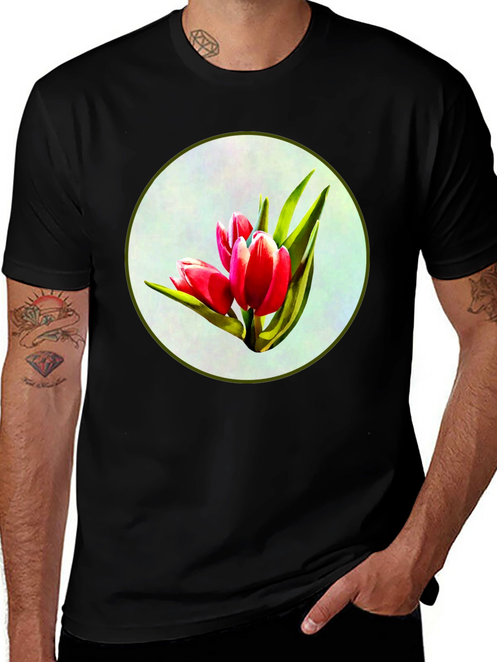 Tulip Print Black T-Shirt