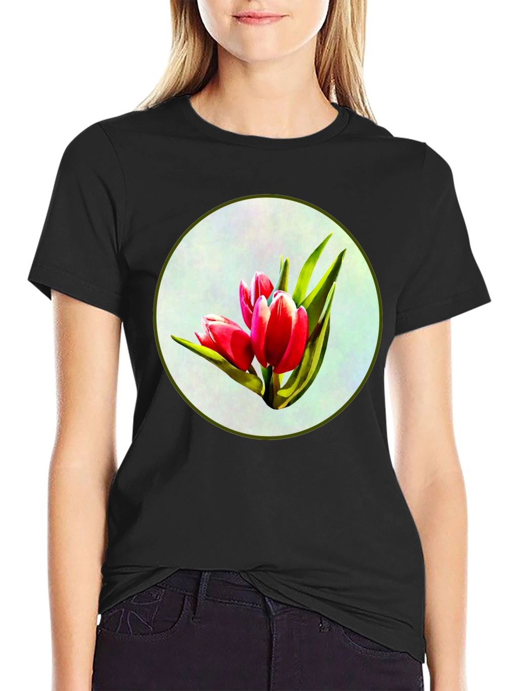 Tulip Print Black T-Shirt