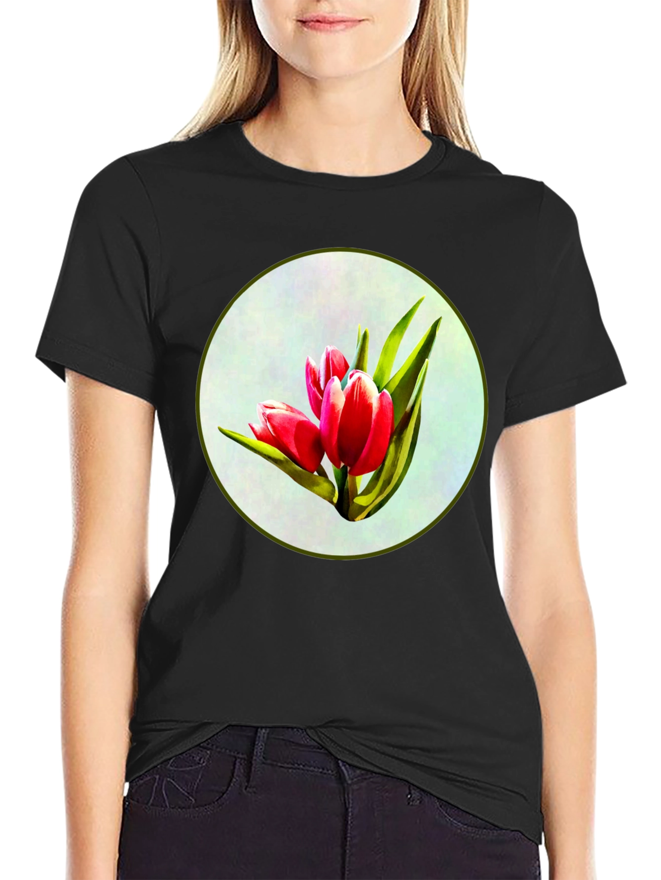Tulip Print Black T-Shirt