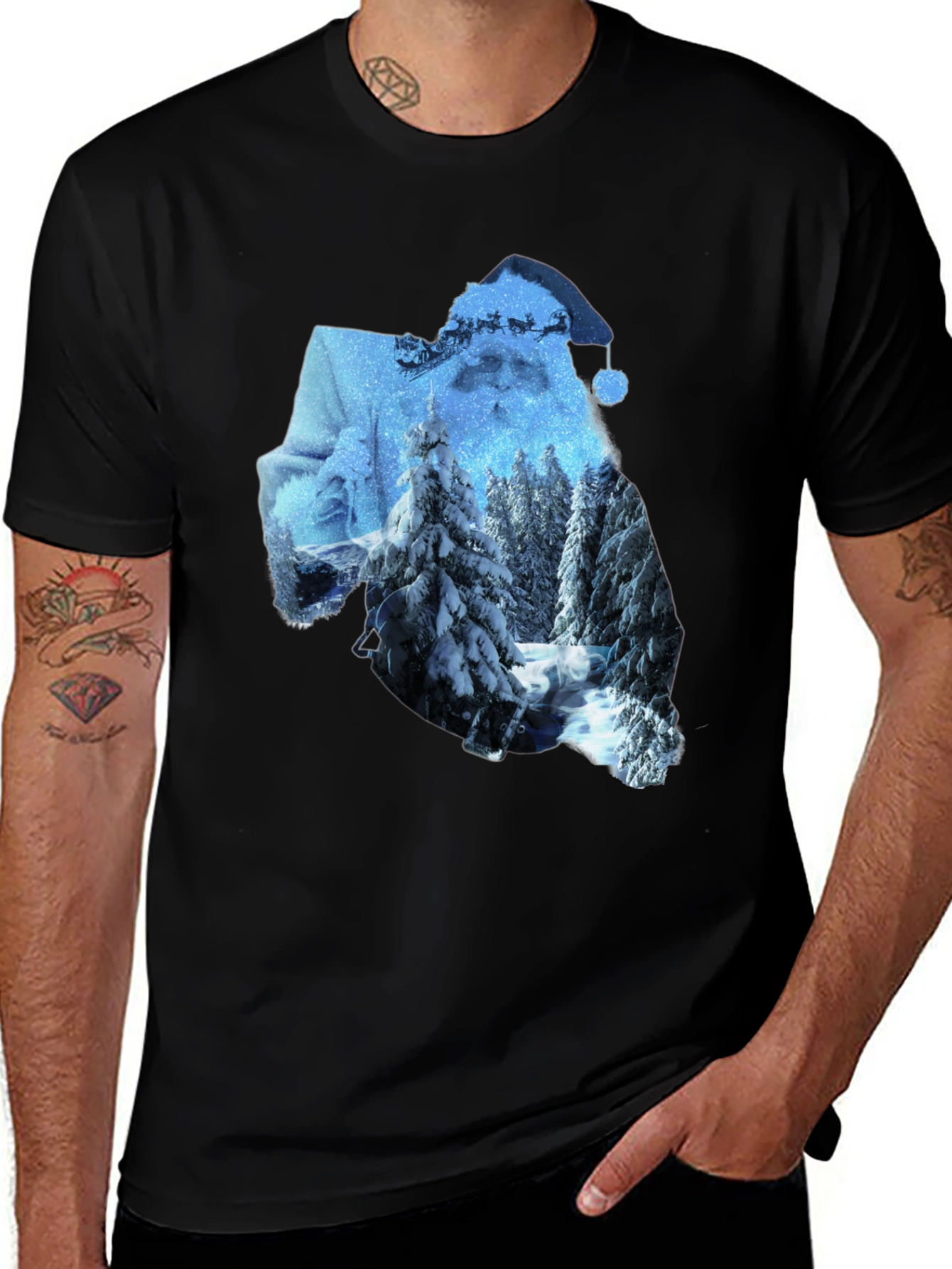 Santa Winter Scene Graphic Tee - Black