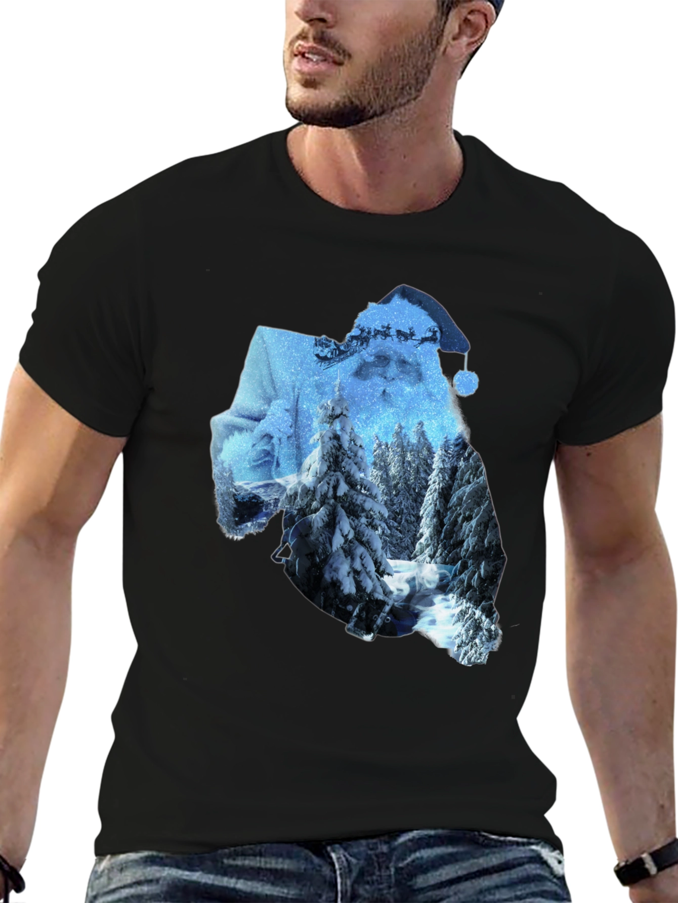 Santa Winter Scene Graphic Tee - Black