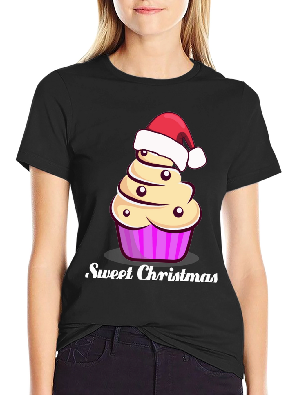 Sweet Christmas Cupcake Santa Hat Graphic Tee