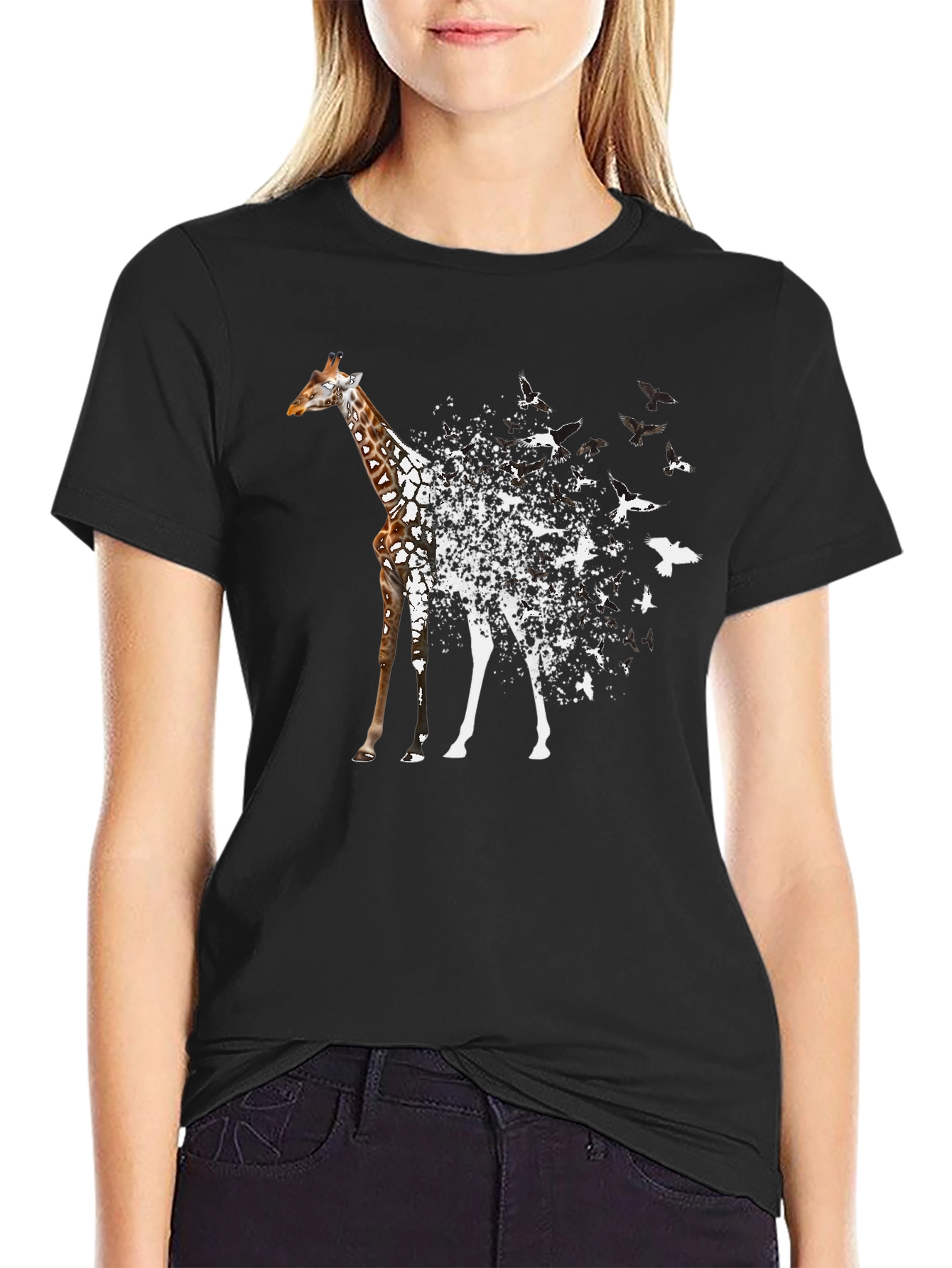 Giraffe to Birds Black T-Shirt