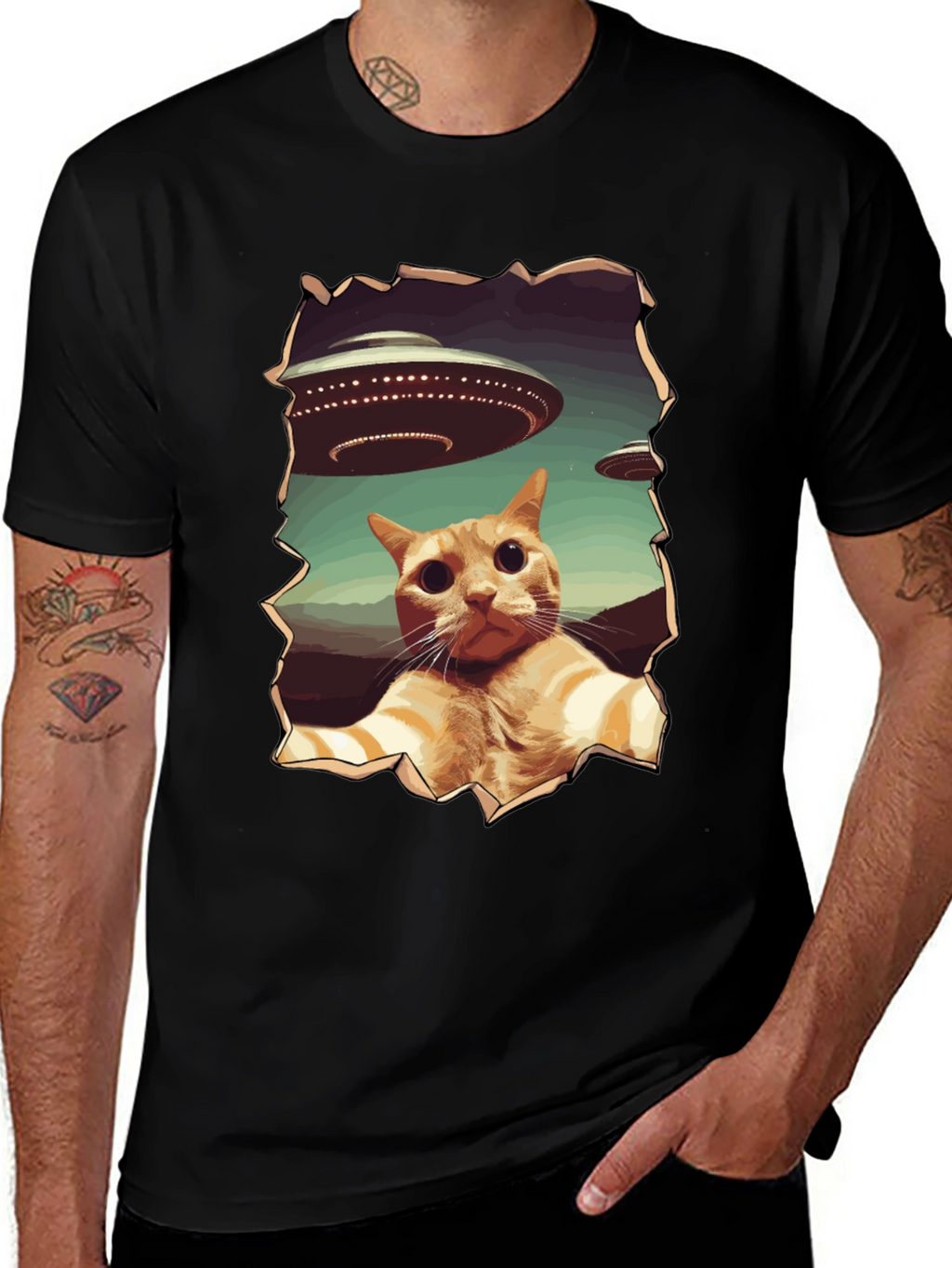 UFO Cat Graphic Tee - Funny Alien Abduction Shirt