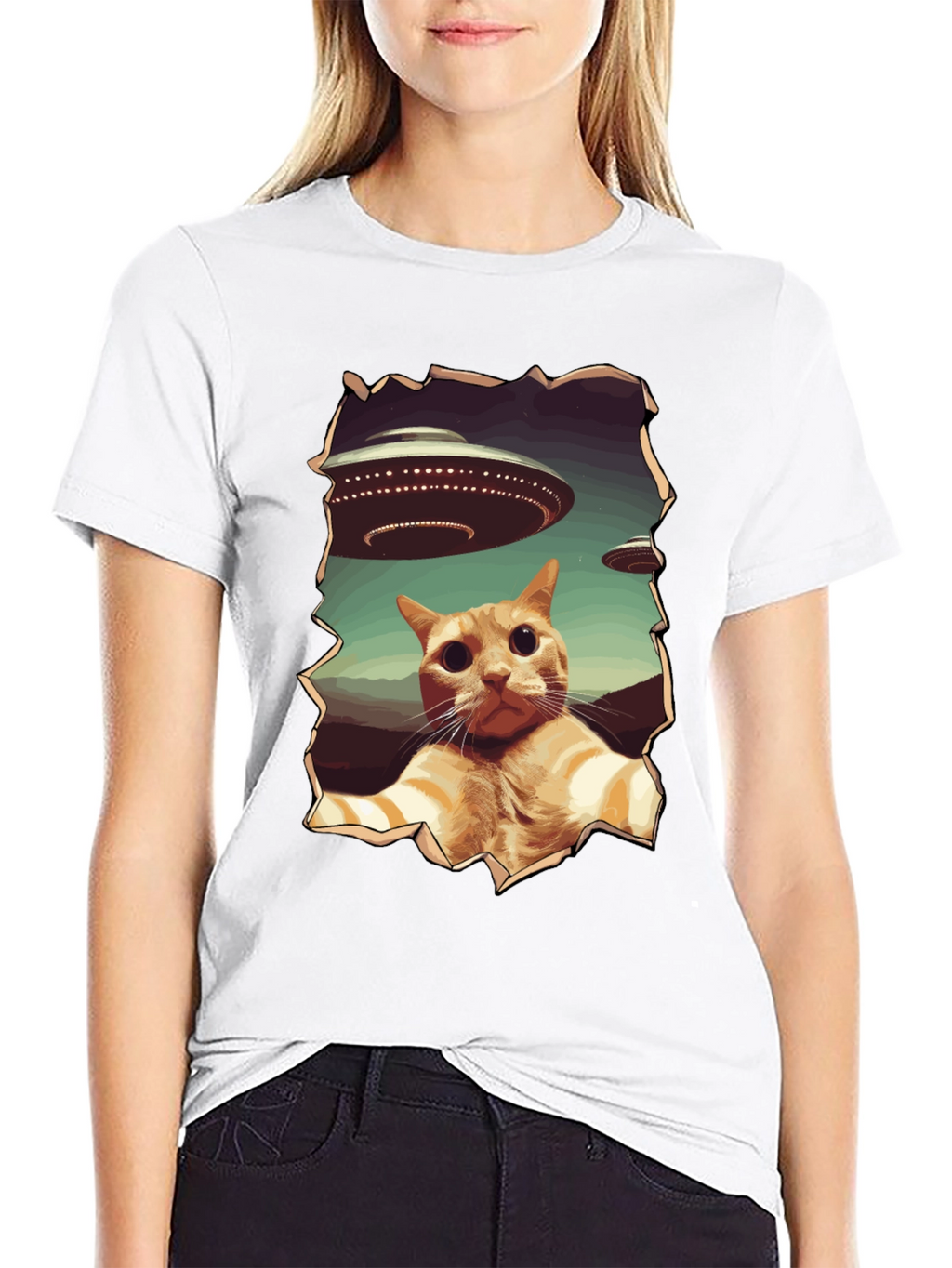 UFO Cat Graphic Tee - Funny Alien Abduction Shirt