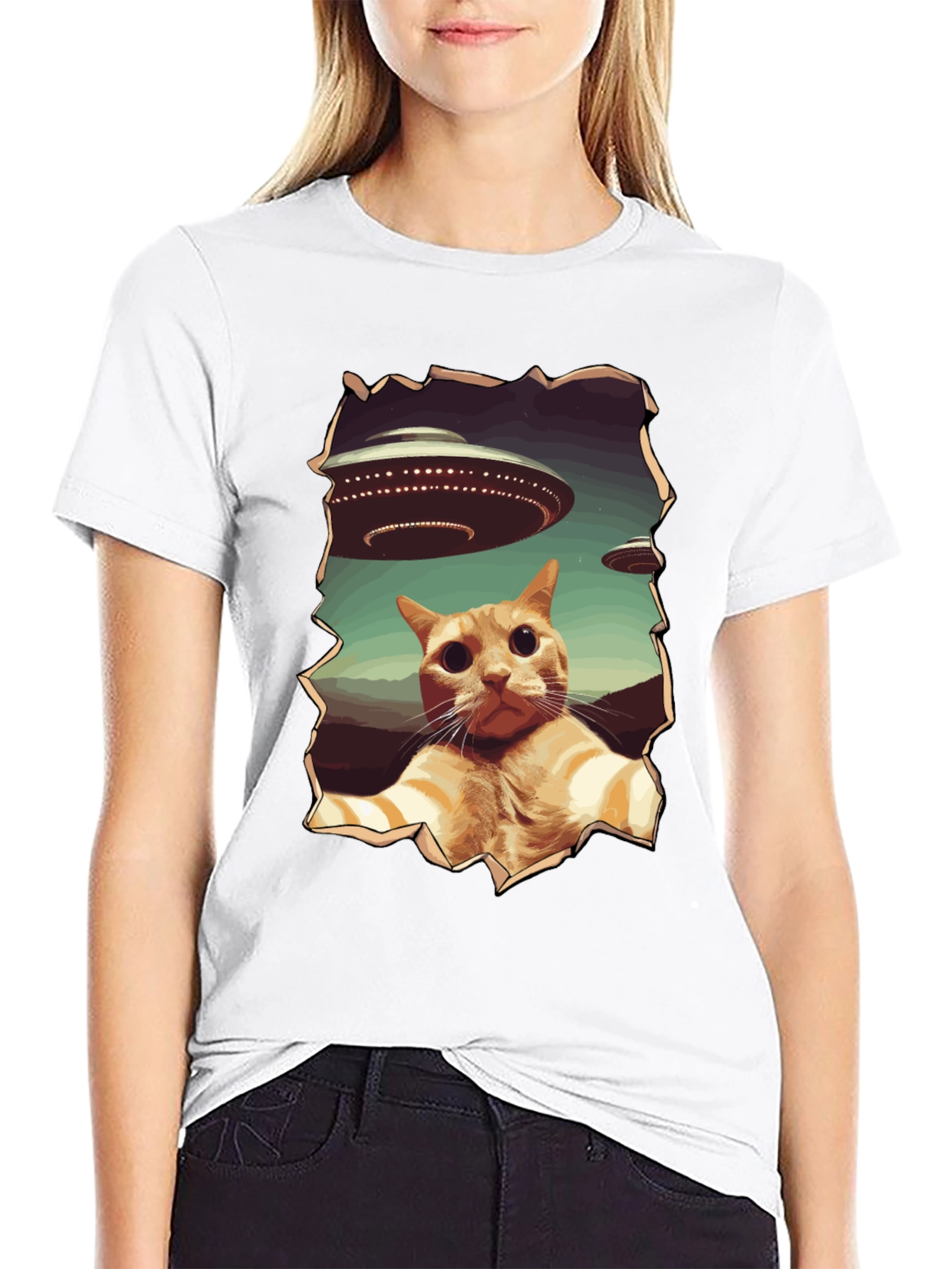 UFO Cat Graphic Tee - Funny Alien Abduction Shirt