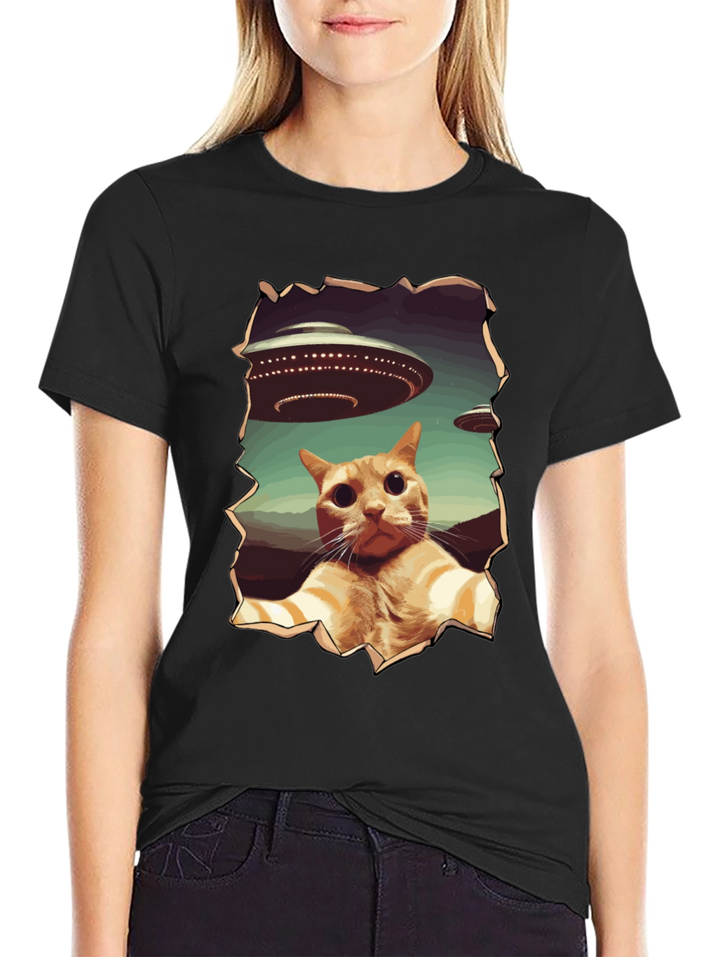 UFO Cat Graphic Tee - Funny Alien Abduction Shirt