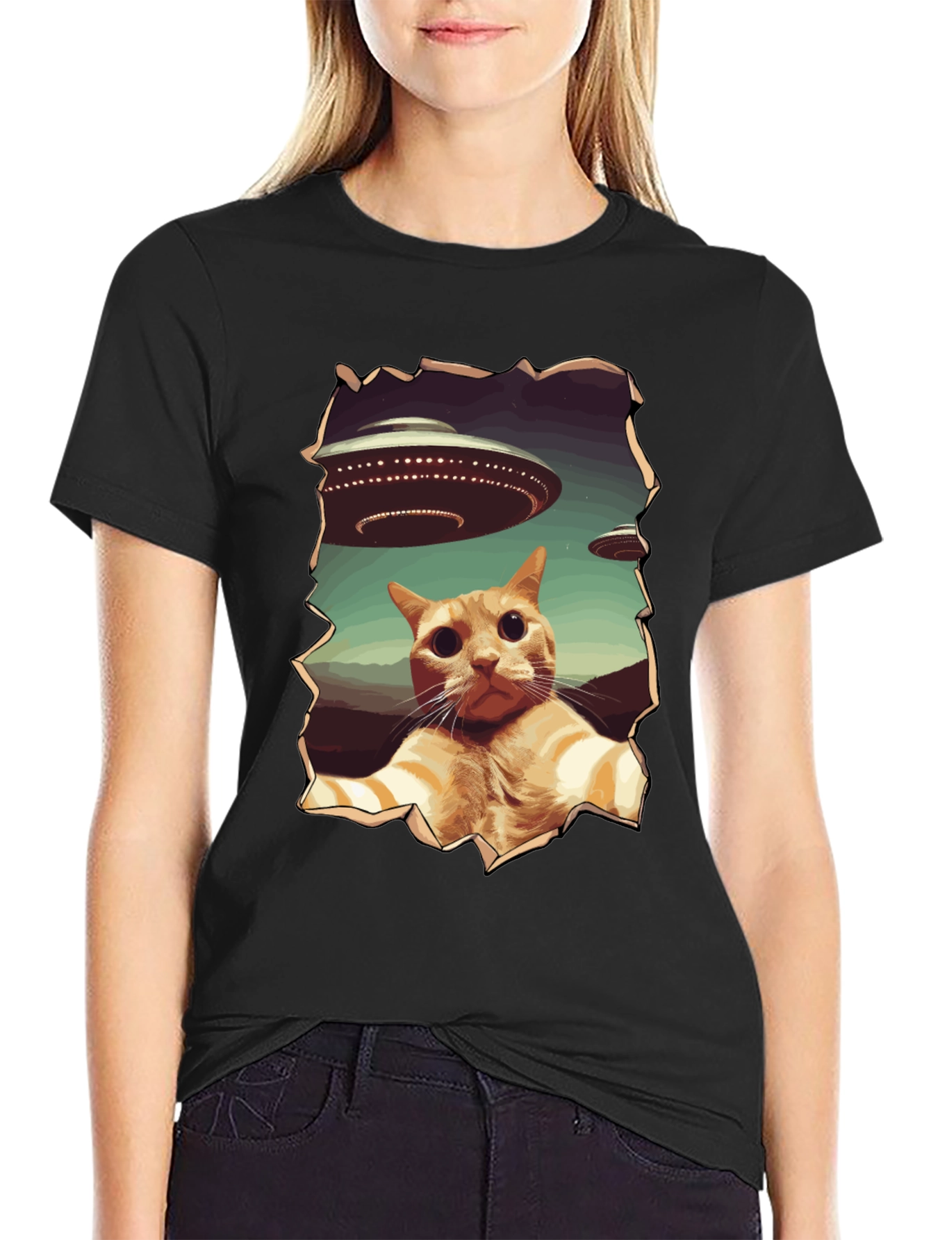 UFO Cat Graphic Tee - Funny Alien Abduction Shirt