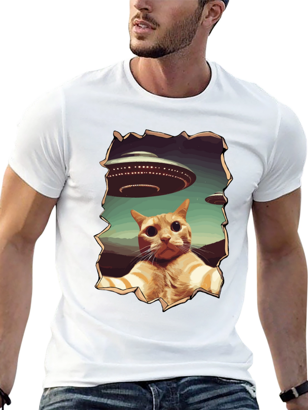UFO Cat Graphic Tee - Funny Alien Abduction Shirt