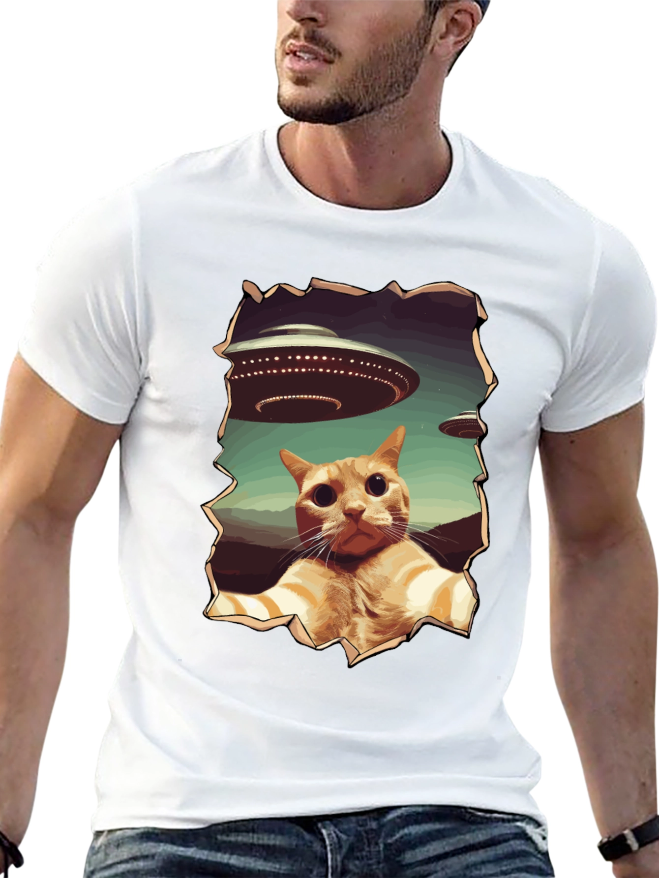 UFO Cat Graphic Tee - Funny Alien Abduction Shirt