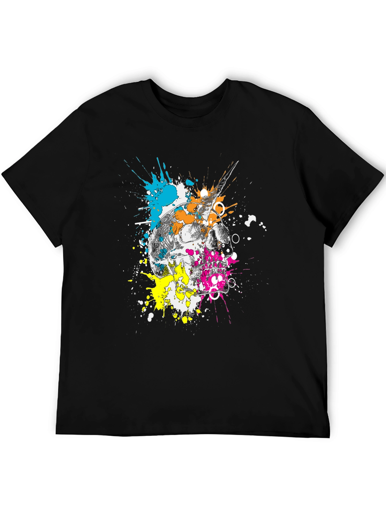 Skull & Paint Splatter Graphic Black T-Shirt