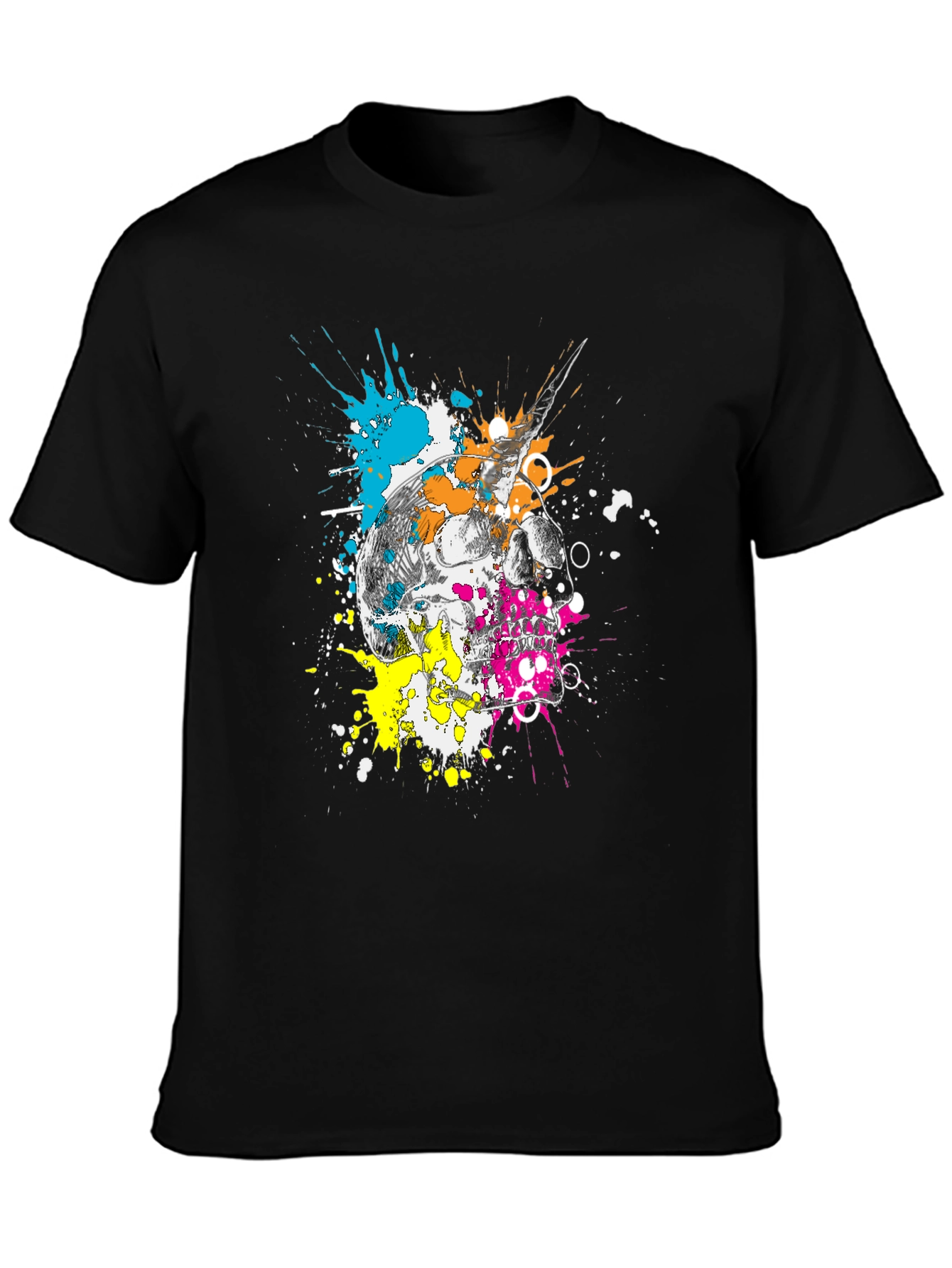 Skull & Paint Splatter Graphic Black T-Shirt