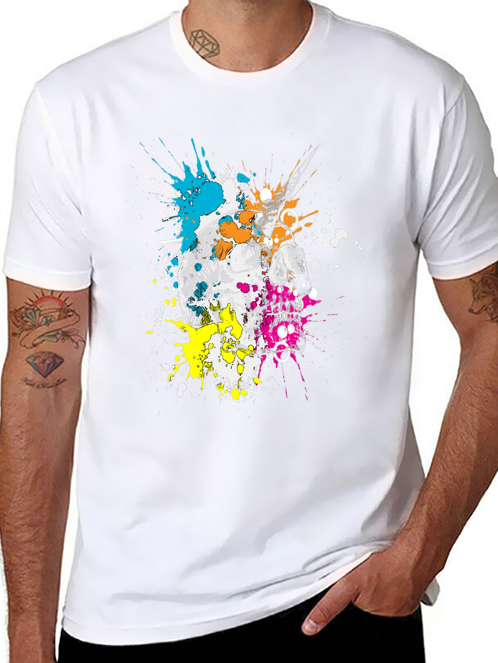 Skull & Paint Splatter Graphic Black T-Shirt