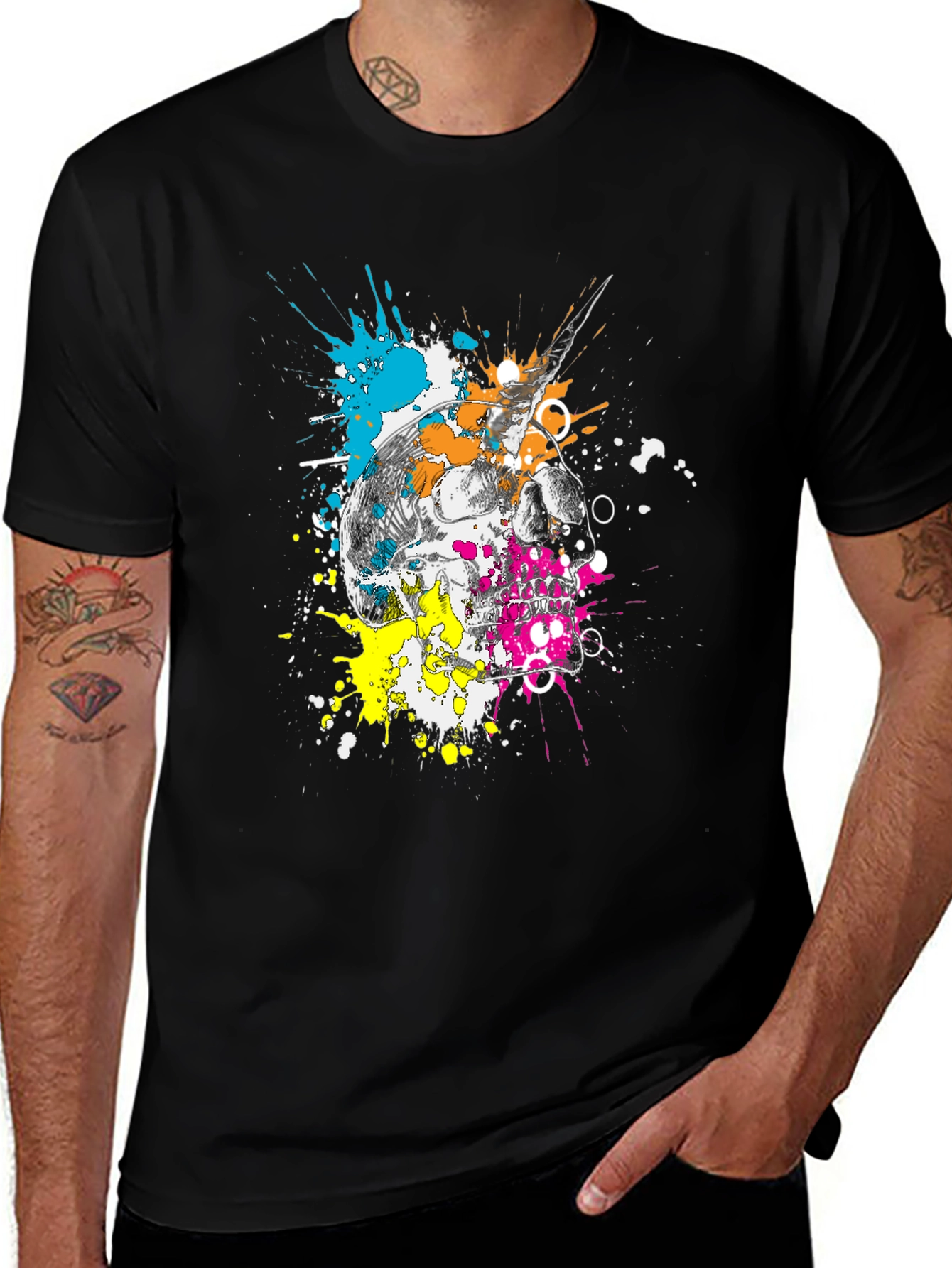 Skull & Paint Splatter Graphic Black T-Shirt