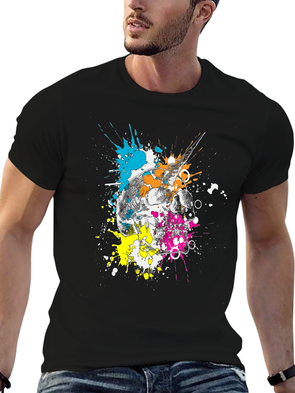 Skull & Paint Splatter Graphic Black T-Shirt