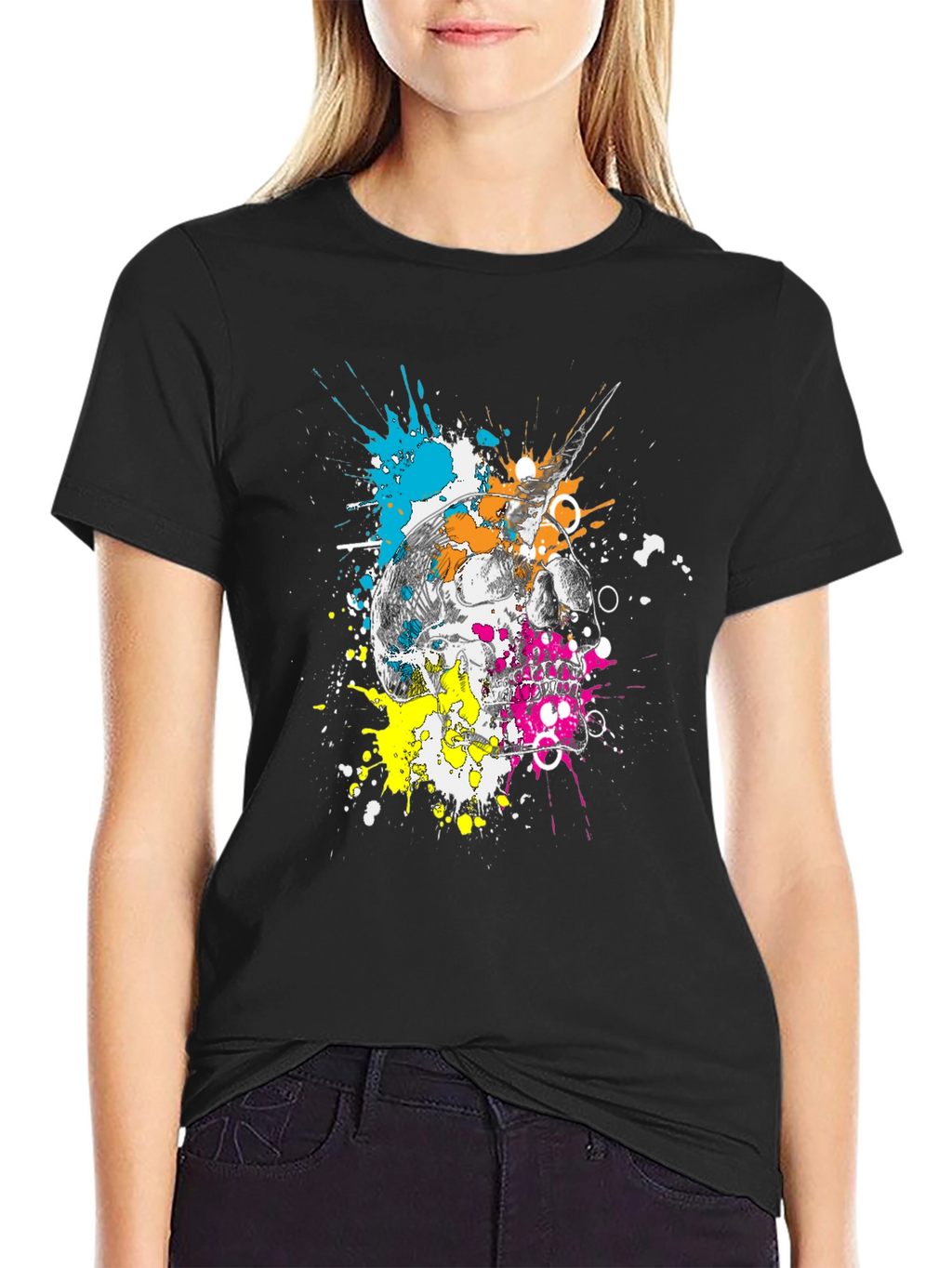 Skull & Paint Splatter Graphic Black T-Shirt