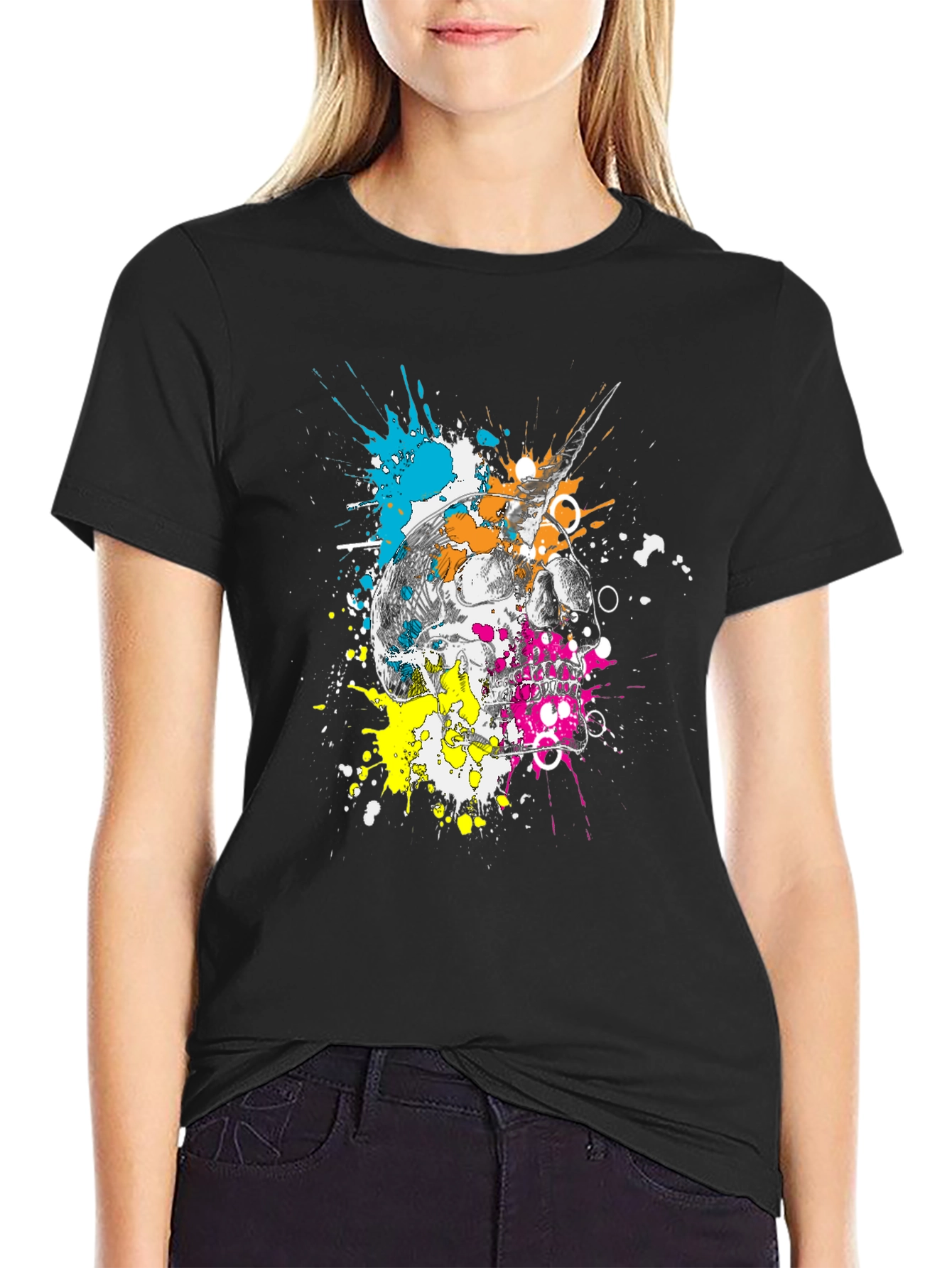 Skull & Paint Splatter Graphic Black T-Shirt