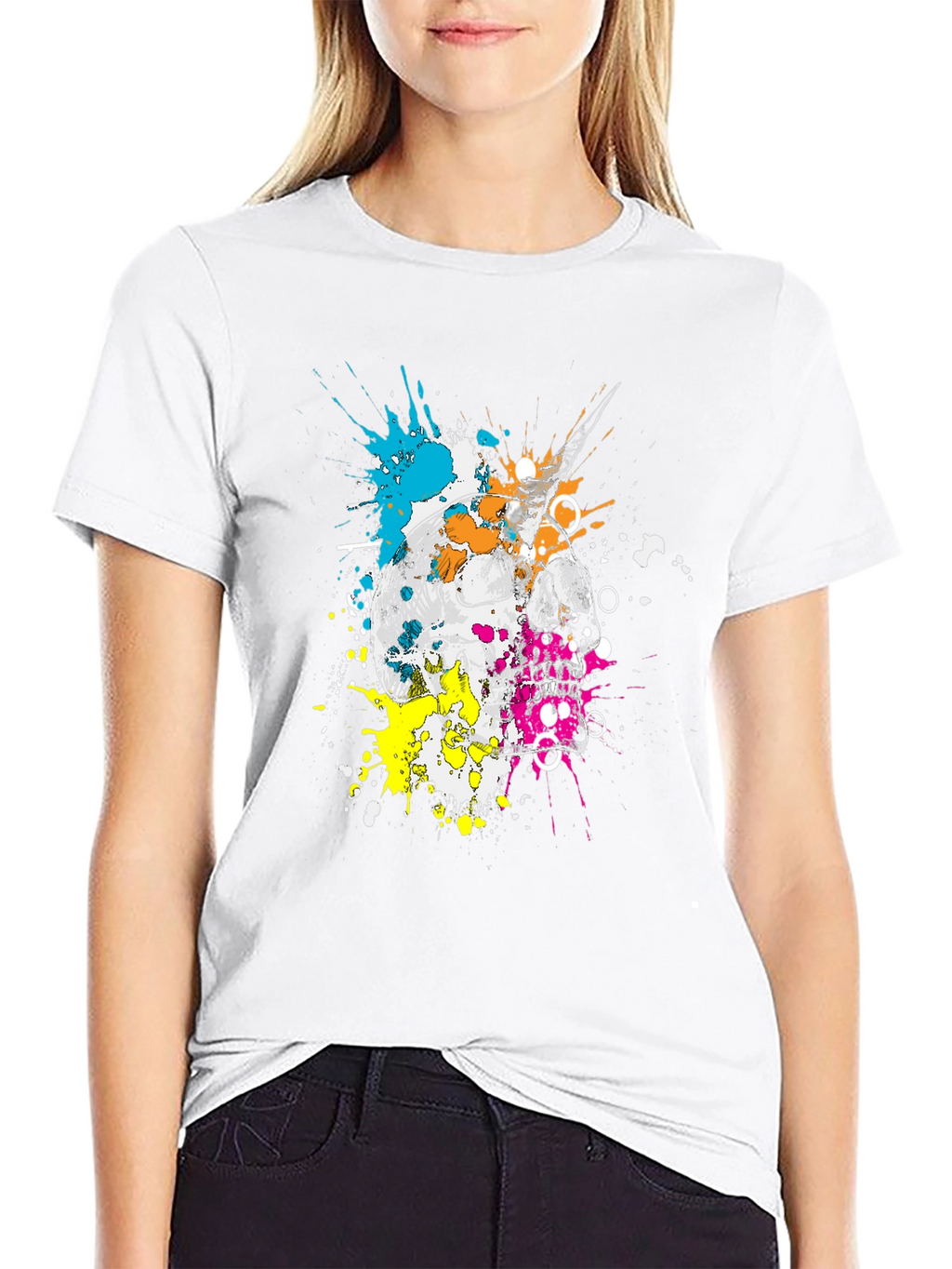 Skull & Paint Splatter Graphic Black T-Shirt