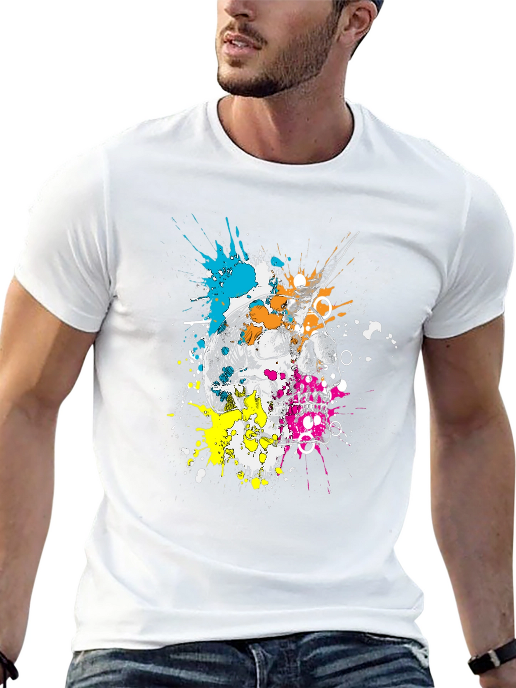 Skull & Paint Splatter Graphic Black T-Shirt