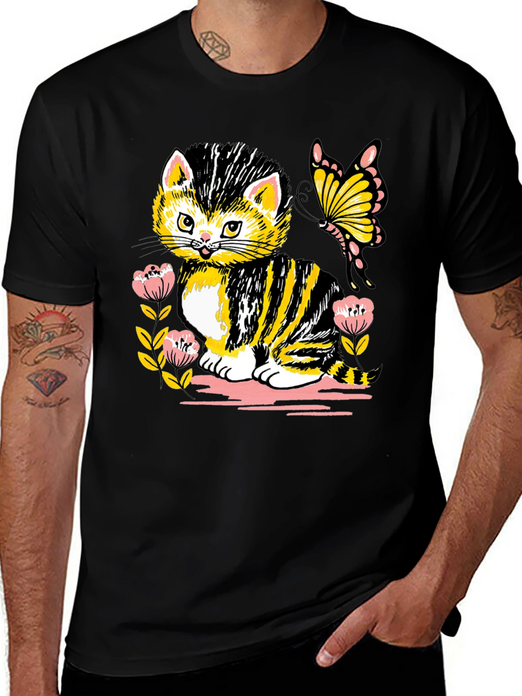 Cute Kitten & Butterfly Graphic T-Shirt