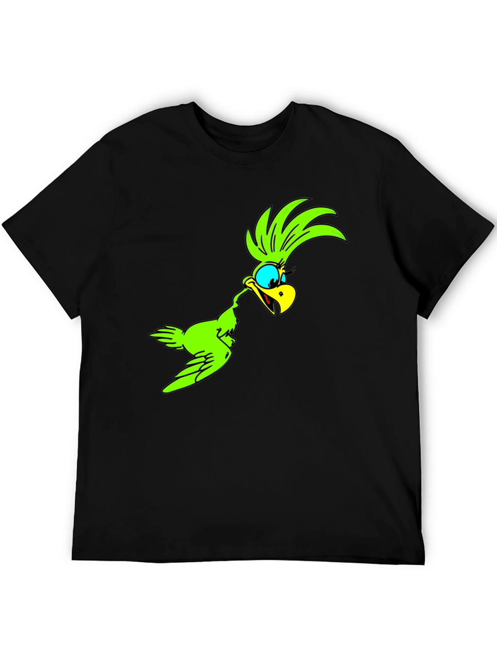 Green Bird Cartoon Black T-Shirt
