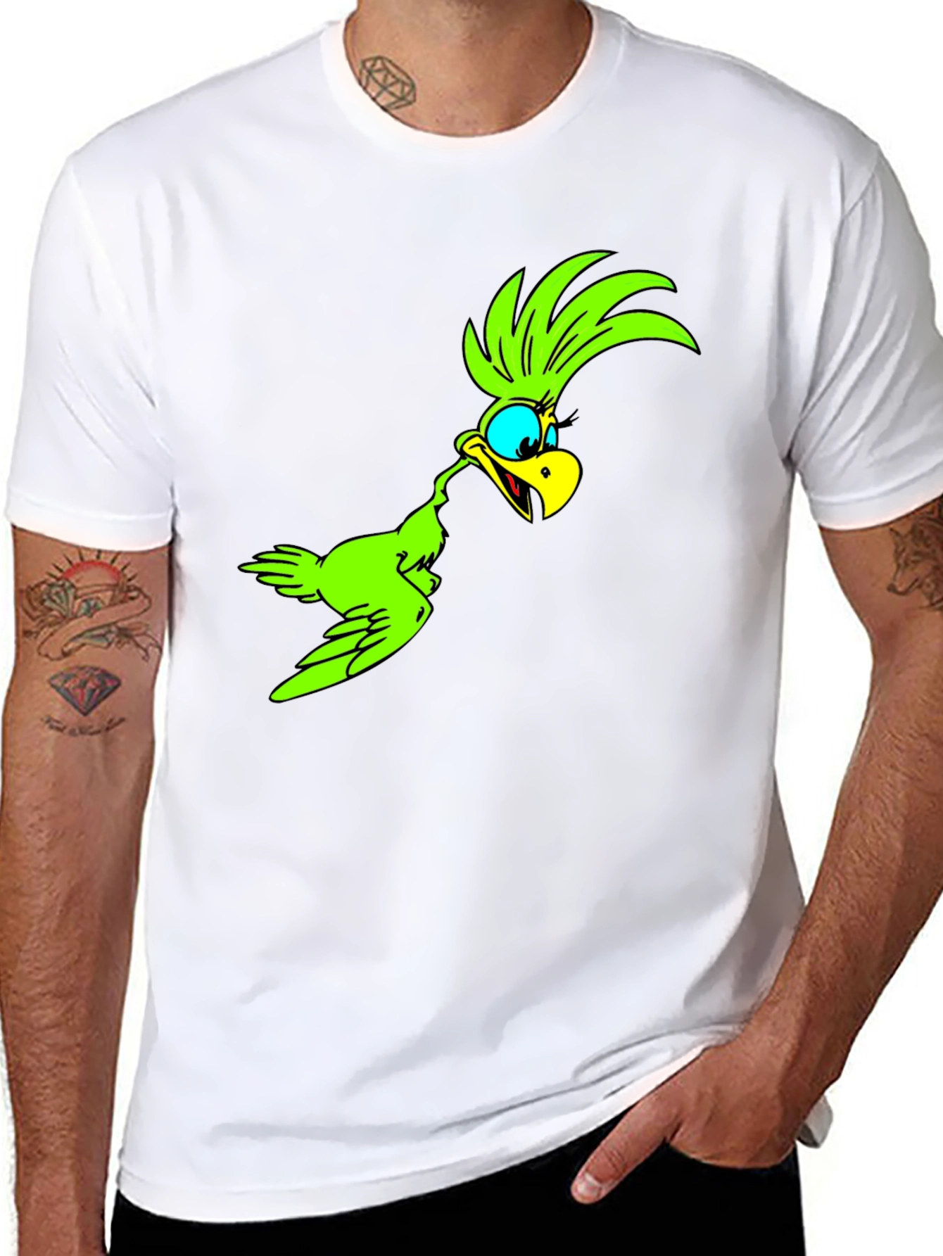 Green Bird Cartoon Black T-Shirt
