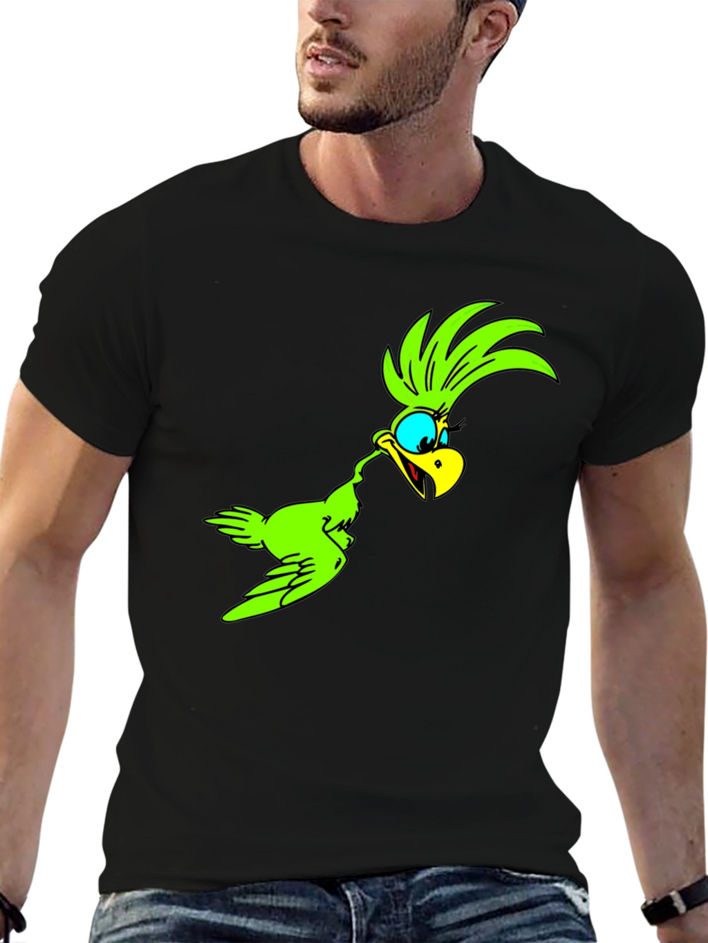 Green Bird Cartoon Black T-Shirt