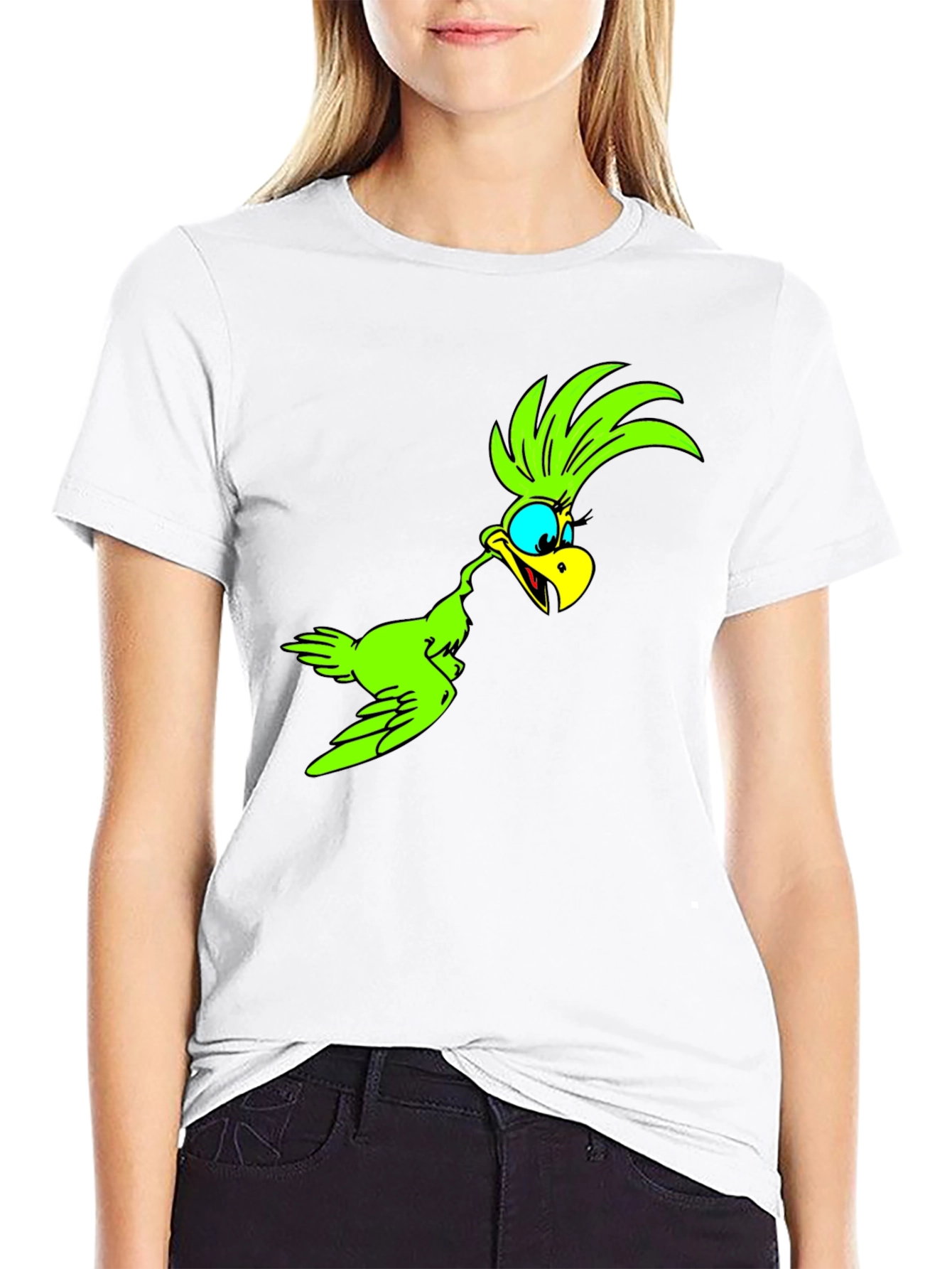 Green Bird Cartoon Black T-Shirt