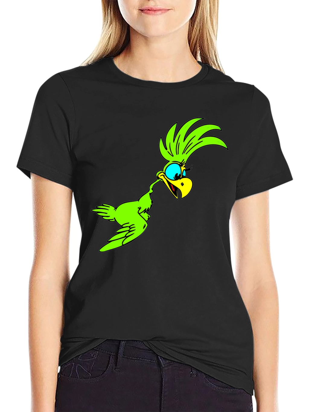 Green Bird Cartoon Black T-Shirt